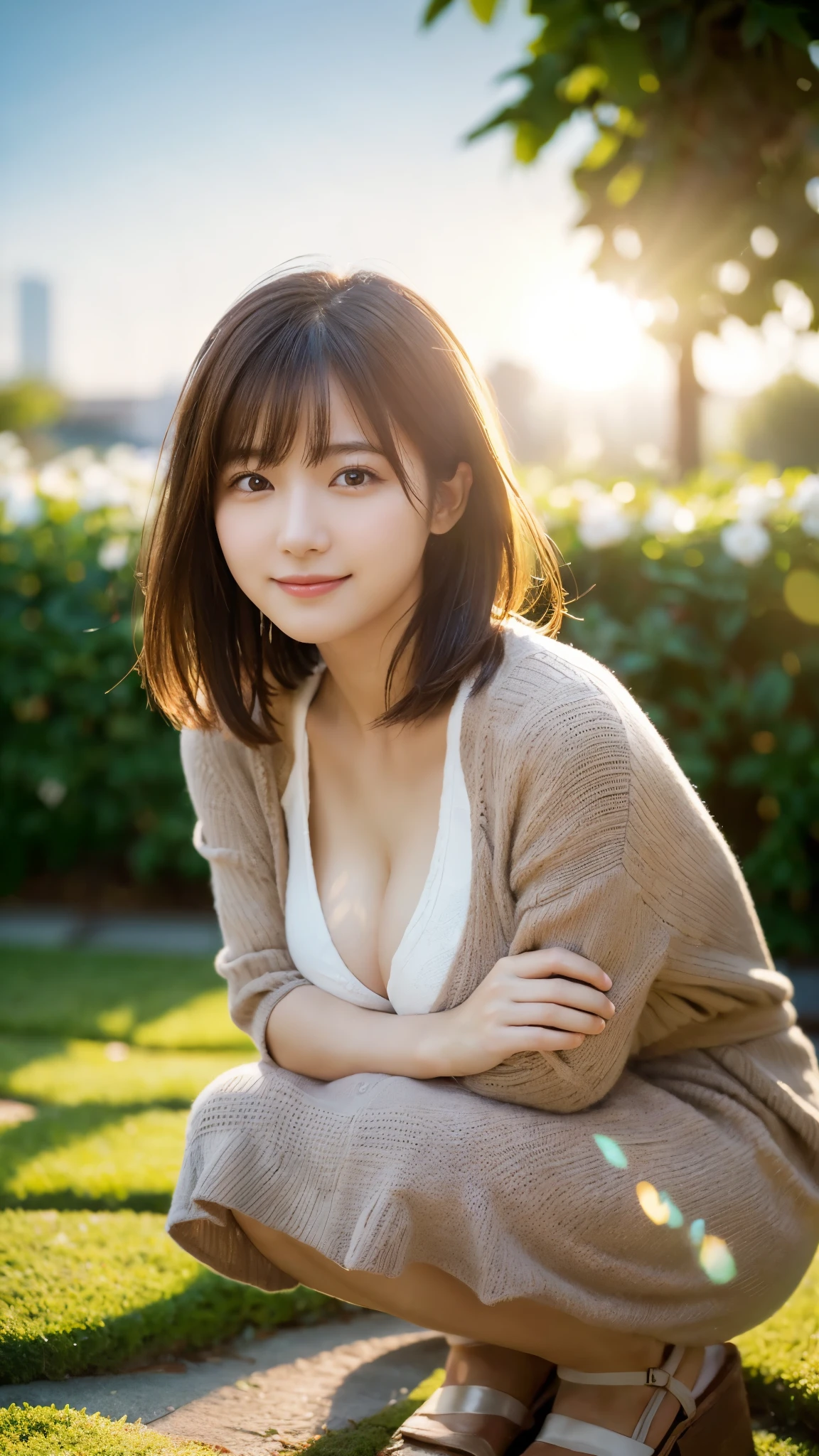 (highest quality,masterpiece:1.3,ultra high resolution),(Super detailed,caustics,8k),(photorealistic:1.4,RAW shooting),18-year-old,cute,japanese idol,natural brown short hair,Smiling and looking at the camera,squatting position,big breasts,Down jacket,knit dress,flower garden,(low position),(Low - Angle),(breast focus),(Close-up),Natural light,Lens flare,professional writing