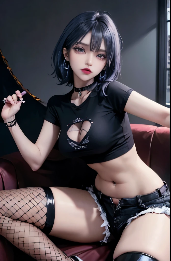 Goth woman, (goth makeup), (brown skin), (a t-shirt and skinny mini shorts), (show under ), (fishnet stockings), (navel jewellery), (pierced ears), (pierced lips), blue eyes, short messy black emo hair, (living room background), thick thighs, medium breasts, (8K), (wallpaper), (dynamic lighting), (detailed face and eyes:1.2)
