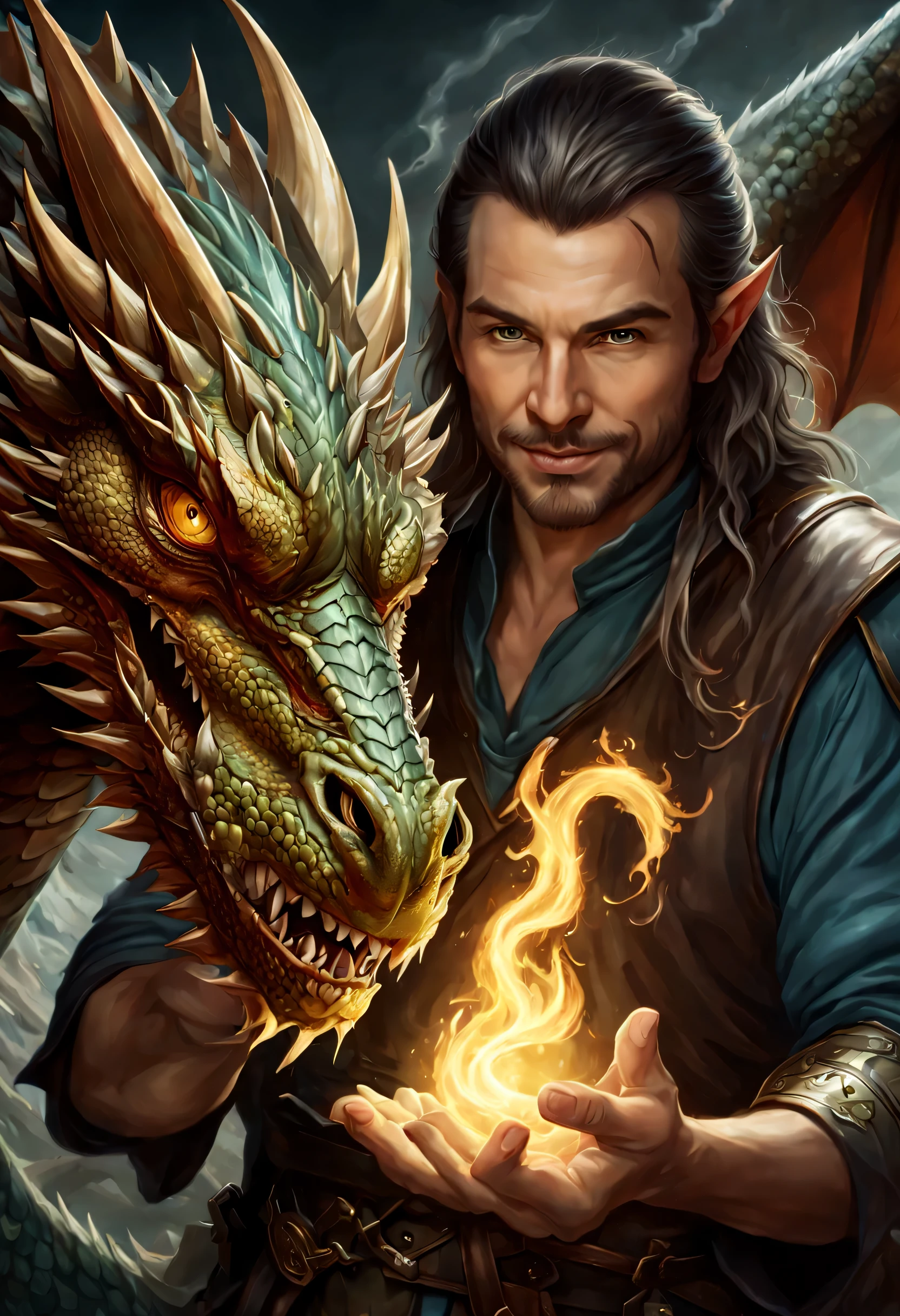 there is a man holding a dragon and a dragon on his hand, graphic artist magali villeneuve, fantasy art smug smile man, fantasy card game art, hyperrealistic d & d fantasy art, d & d fantasy digital art, male artificer, dnd character art portrait, dungeons and dragons fantasy art, by Magali Villeneuve, d & d character portrait