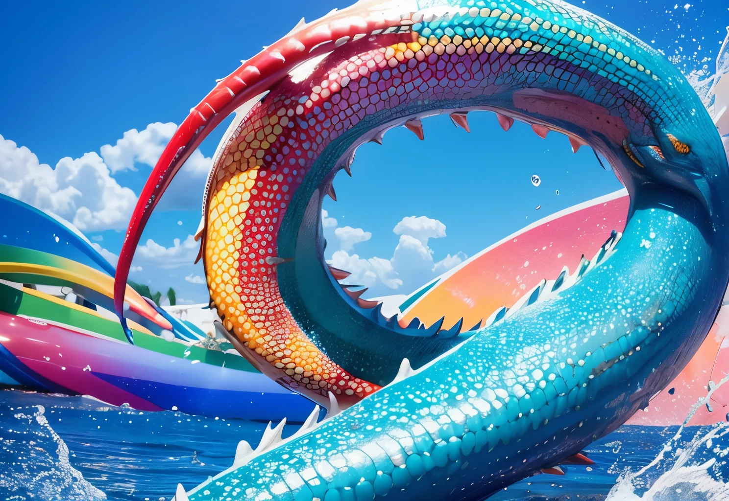 Expressing the flow of ink dancing in the wind,water effects,colorful water,A water dragon is swimming in the ink,dragon'The body is smooth and streamlined.,Ink splash,Sparkling,Bright colors,light reflection,rich colors,abstract,3D,8K,High resolution,masterpiece,high quality,Detailed details,Colors of the rainbow,laugh mischievously,tricky,design,fun,bright colors,splash of water,invite you to the world of art,wonderful,dim background