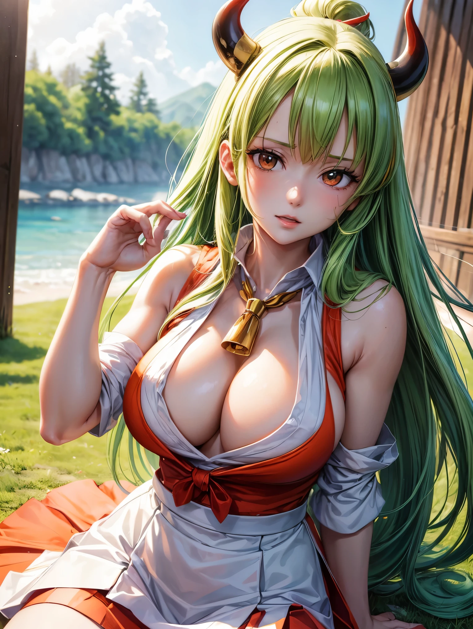 ((best quality)), ((Masterpiece)), (details), perfect face,Yamato from One Piece,Young woman,Cute face,long white-green hair,Tie me up.,Bangs,He has red-orange horns..,black eyes,white sleeveless shirt,Milk groove,round milk,red skirt,white skin,stand,lawn,Masterpiece,realistic,blur,4k,shiny skin
