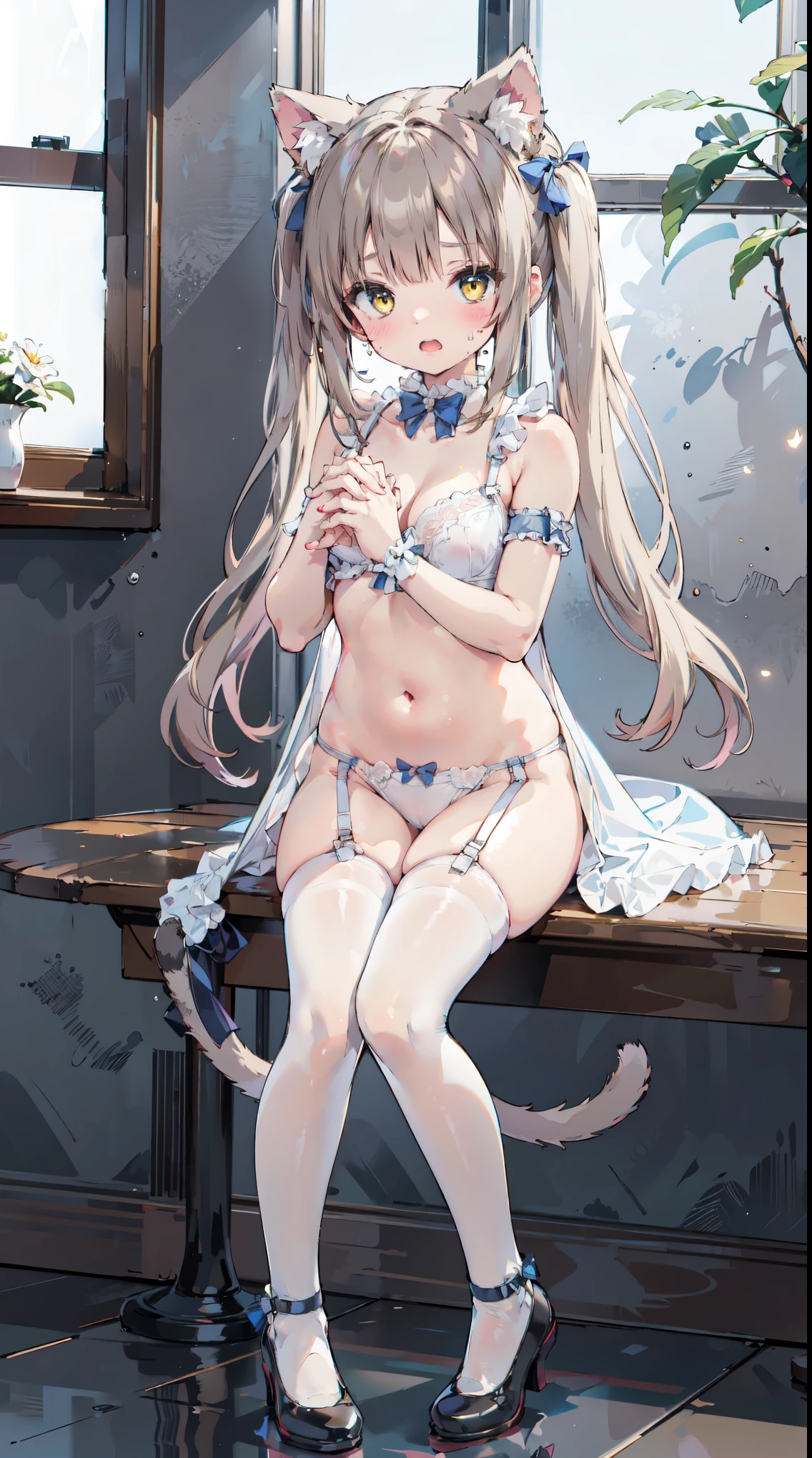 (extremely detailed CG unity 8k wallpaper,masterpiece, best quality, ultra-detailed, best illumination, best shadow, an extremely delicate and beautiful,highres, original, ultra-detailed, colorful), (cat_ears, two cat tail, white brown hair color), flat size breast,twin_tails, ribbon bow, pink ribbon, tail stat from coccix, nipples, , , low age ,armband ,blue bow ,blue bowtie ,yellow eyes ,blunt bangs ,blush, bow, bowtie ,bra, breasts, choker ,cleavage, collarbone, frilled choker, frills ,light brown hair, light particles, long hair, low twintails, navel, nervous, open mouth, own hands together ,parted bang, small breasts, solo ,sweatdrop, twintails, underwear, (underwear only), full body ,white bra ,white choker, room, window, sky night, eyjafjalla,(leaning against the wall, ruffled lingerie),firefliesfireflies,night sky,lingerie,eyjafjalla,cuteloli