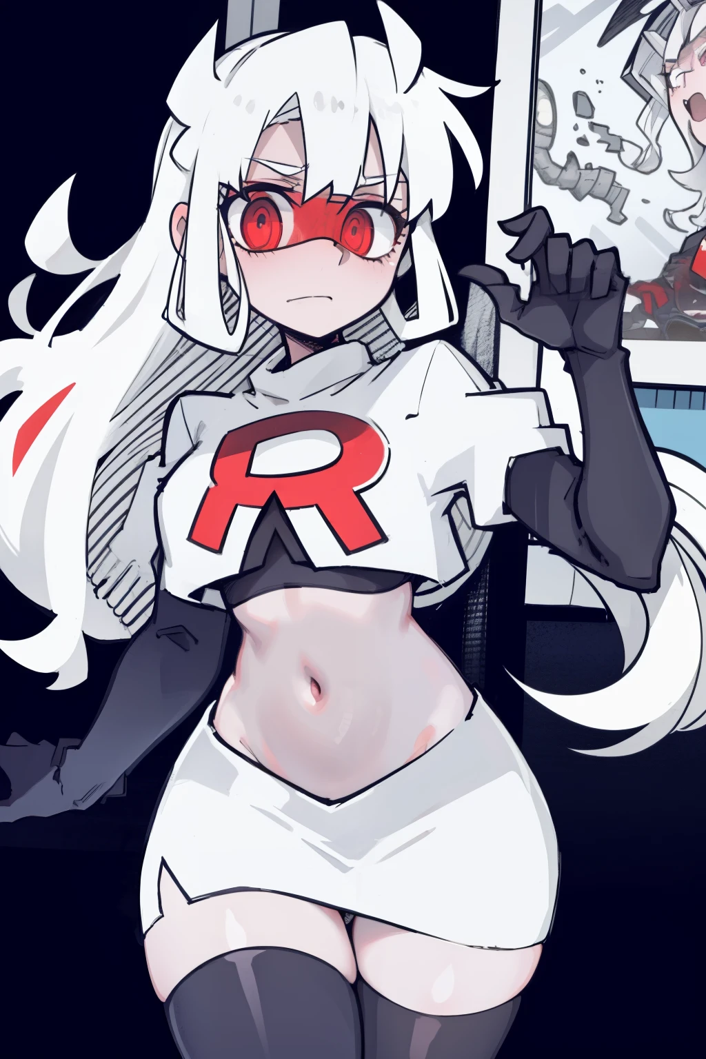 masterpiece, best quality,loremaster with goggles,red eyes, white hair,team rocket,team rocket uniform,white skirt,red letter R,crop top,black thigh-highs,black elbow gloves, comic strip