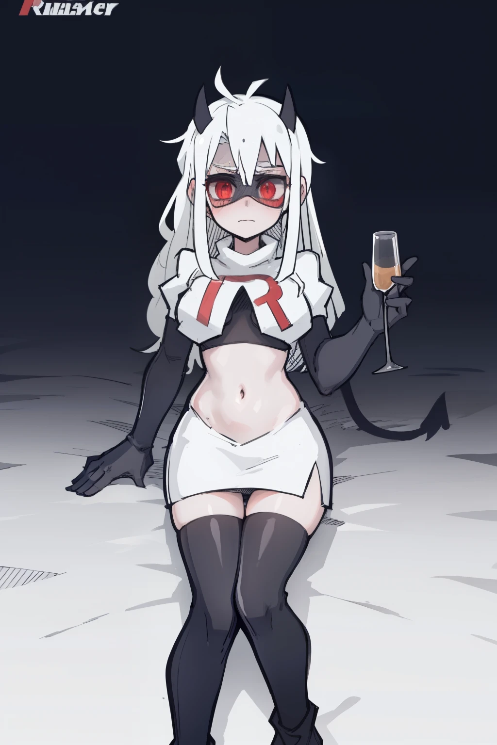 masterpiece, best quality,loremaster with goggles,red eyes, white hair,team rocket,team rocket uniform,white skirt,red letter R,crop top,black thigh-highs,black elbow gloves, comic strip