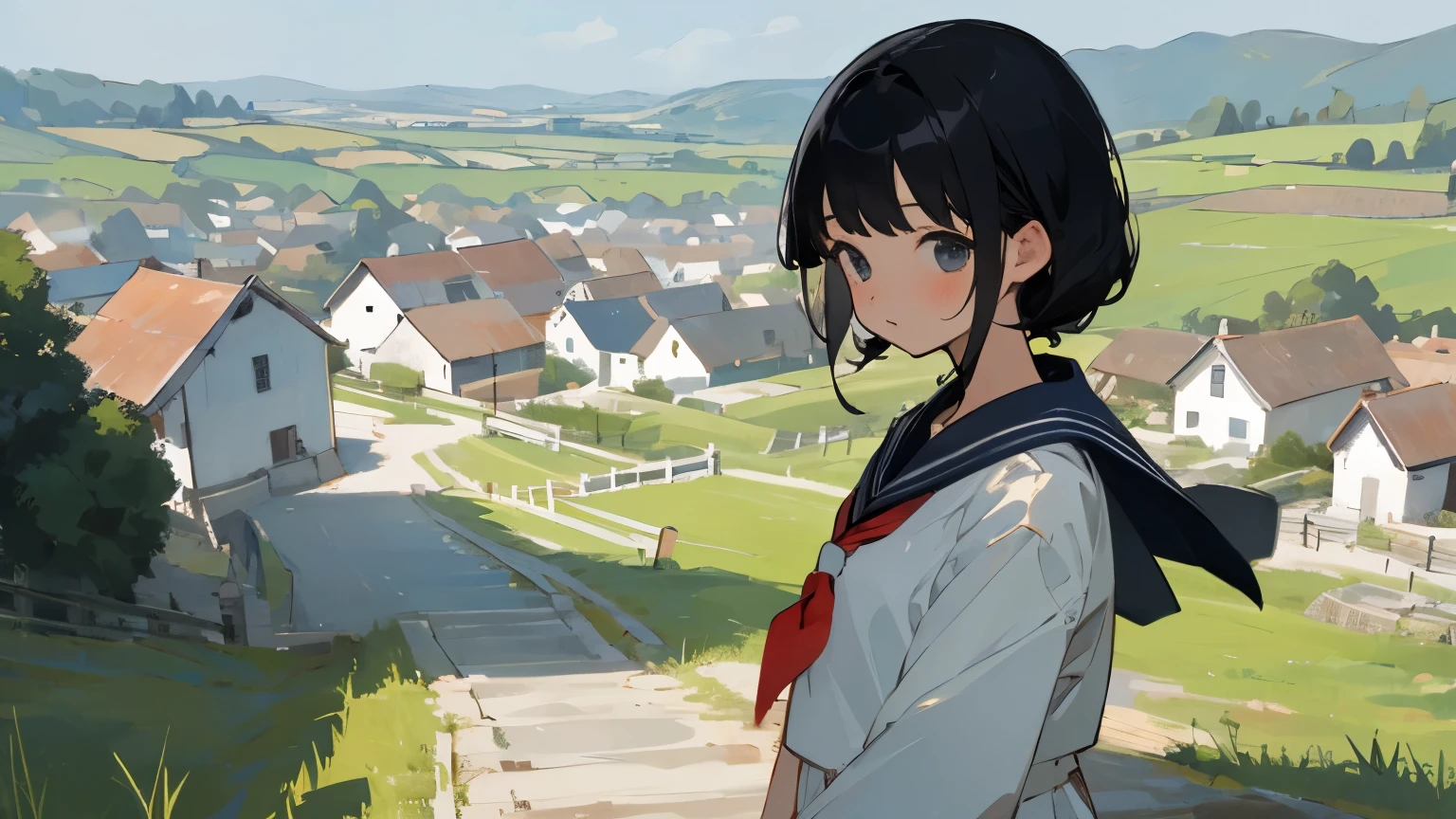 (masterpiece, best quality),countryside，village，girl，Sailor suit，background，black hair，