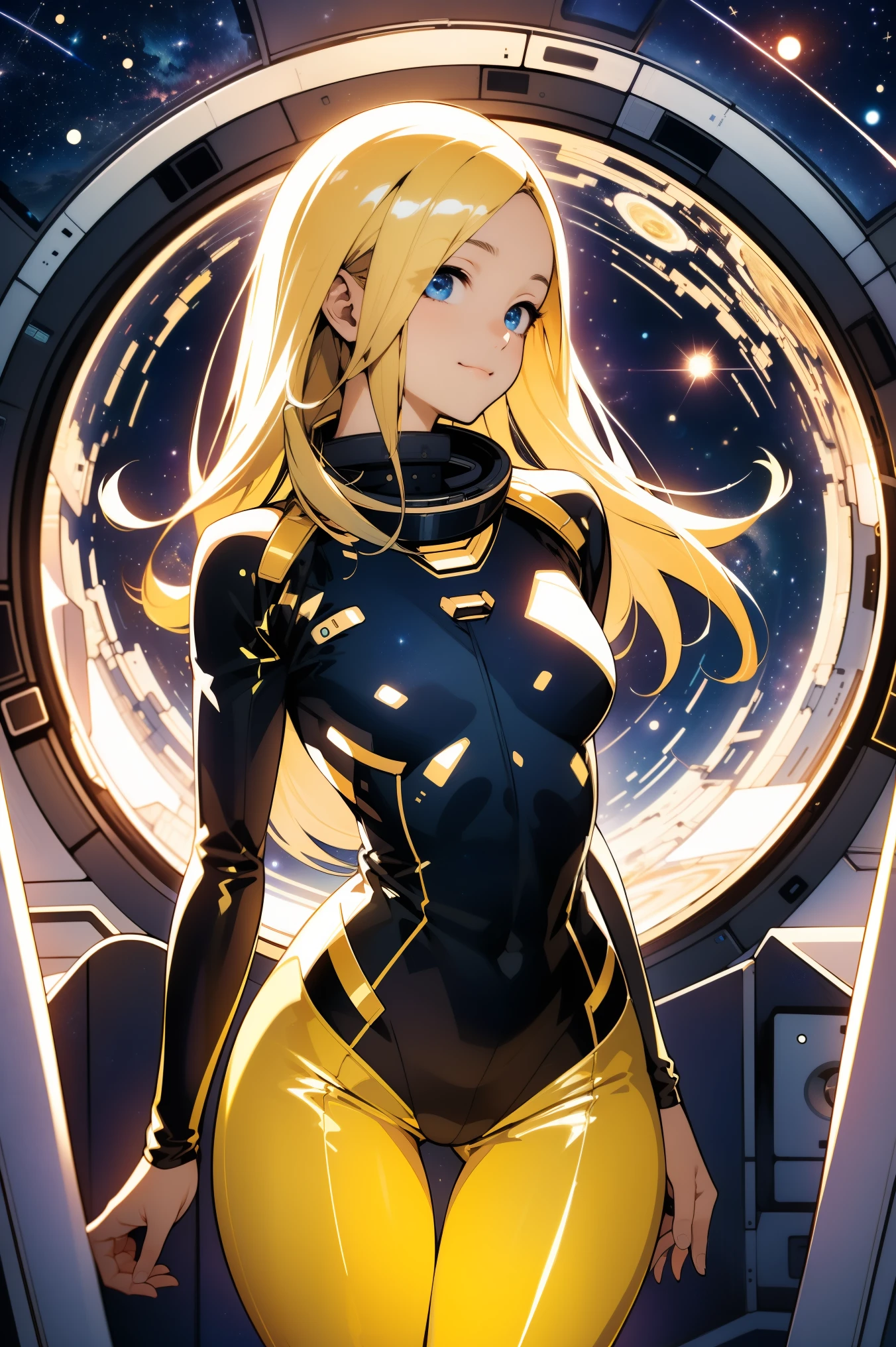 (masterpiece, best quality:1.2), (cowboy shot:1.1), solo, 1girl, mori yuki, slight smile, closed mouth, side view, looking at viewer, blonde hair, long hair, thigh gap, yellow bodysuit, skin-tight, perfect body, large window, (starship porthole:1.3), (spread legs:1.3), (standing:1.1), thigh gap,  pose, sideview, perfect hands, bright starship interior, (outer space view:1.1), (orbital view:1.3), (night, stary sky:1.5), milky way