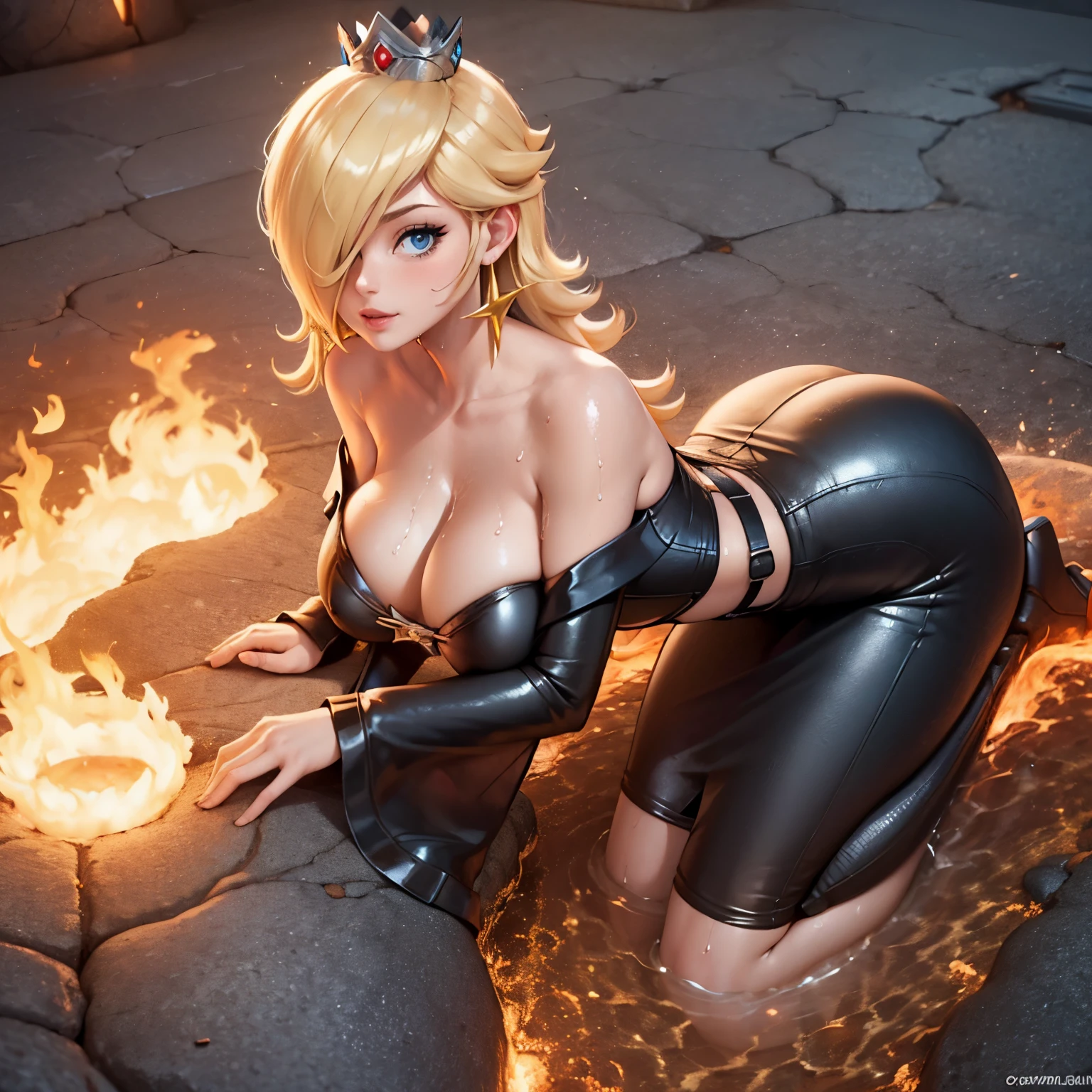 Rosalina, Hot cleavage, frontal view of the tits, Tits in close-up, hot provocative tits, very hot cleavage, only her, 1 girl, titfuck pose, titfuck position, titfuck view, blue corset, crown, full body, crown visible, wet, covered nipples, sweet smile, into the volcano, lava background, burned on the lava, burning on the lava, her tits burning from the lava, sweaty tits, sweaty, very hot environment, very high temperature, in a volcano, Tits covered with lava, tits in the lava, burning in The lava, Tits resting on the lava while they burn, Tits with a lot of sweat, very wet tits, tits soaked in lava, hot lava touching and wetting her tits, burning tits, very sweaty tits, Rosalina lying on the floor with lava while her tits are resting on the lava and are burning from the lava, A river of lava under her tits begins to burn her lingerie, her tits are smoldering and burning, her tits are reddened from the heat of the lava and magma running across the floor and reaching her tits, Tits on the ground, resting on the liquid lava, HD, high definition, high quality, 8k, 4k.