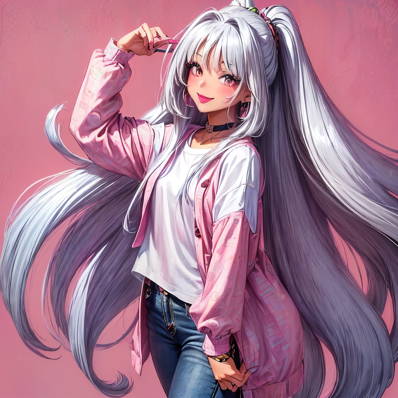 1girl, (((beautiful))), (((long loose silky hair, any colour hair))), (((any skin colour))), (((lipstick, any colour lipstick))), (((blush))), (((smile))), ((((casual 90's clothes, fashionable 90's attire, trendy style)))), (((stylish accessories))), (((colourful 90's background, any pattern)))