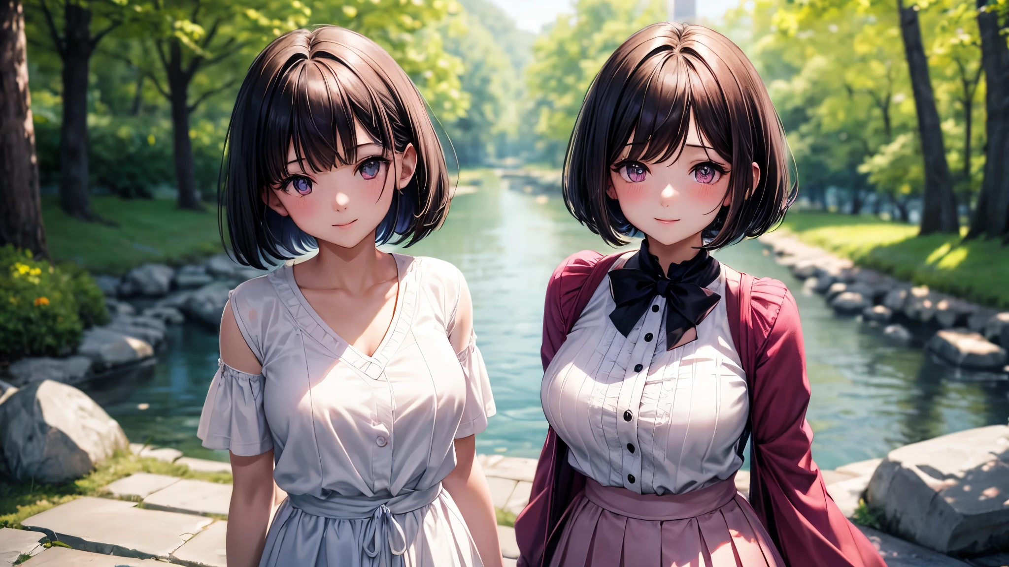 very cute girl、dark brown hair、bob cut、short hair、Violet eyes、smile、(Crystal clear white skin)、white blouse、pink cardigan、Red skirt、Black knee-high、whole body、grassland。a little nipple shape、masterpiece、High-definition CG unified 8K wallpaper、1girl、beautiful、real、blurry、blurry_background、blurry_foreground、
