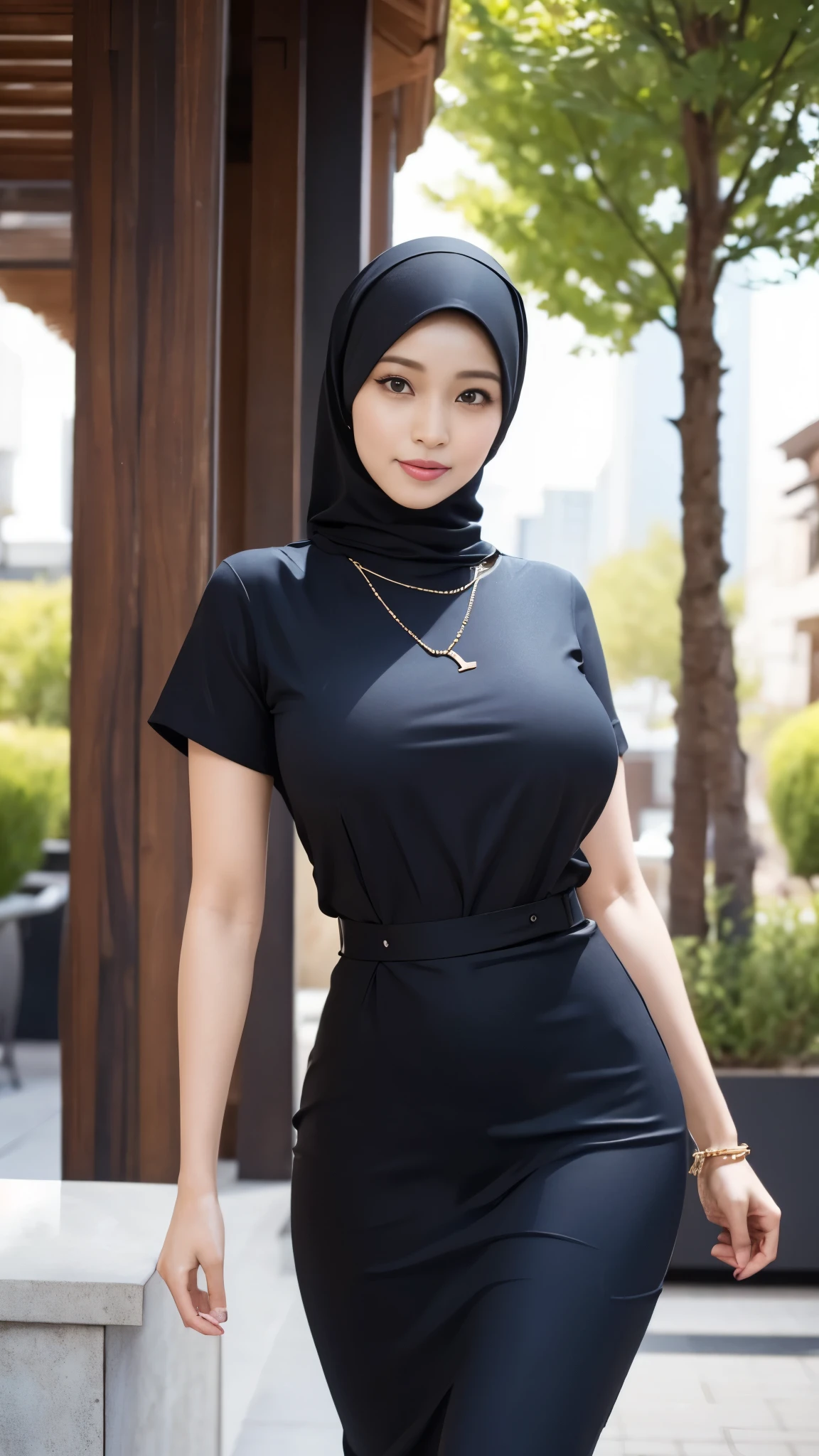 RAW, Best quality, high resolution, masterpiece: 1.3), naked Malay adult woman in hijab,Masterpiece, perfect slim fit body, (big breasts), big gorgeous eyes, Soft smile, naked Japanese adult, necklace, shairband, afternoon walk, City garden, Excellent lighting, Bright colors, Clean lines, wet body