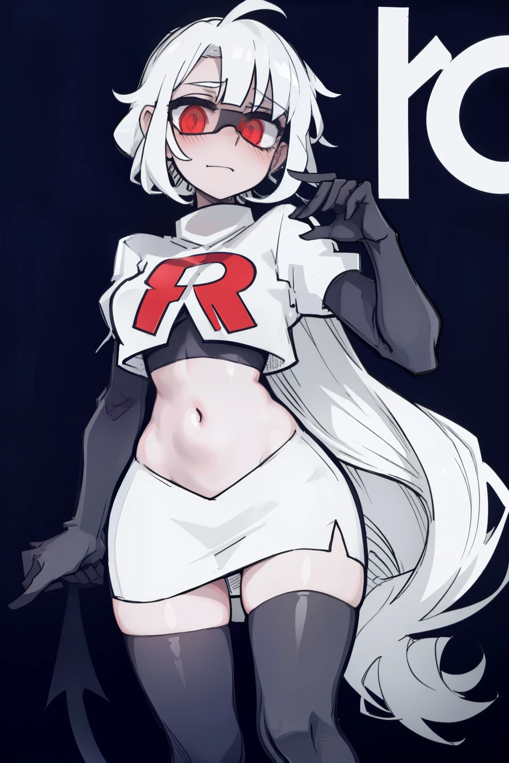 masterpiece, best quality,loremaster with goggles,red eyes, white hair,team rocket,team rocket uniform,white skirt,red letter R,crop top,black thigh-highs,black elbow gloves, comic strip