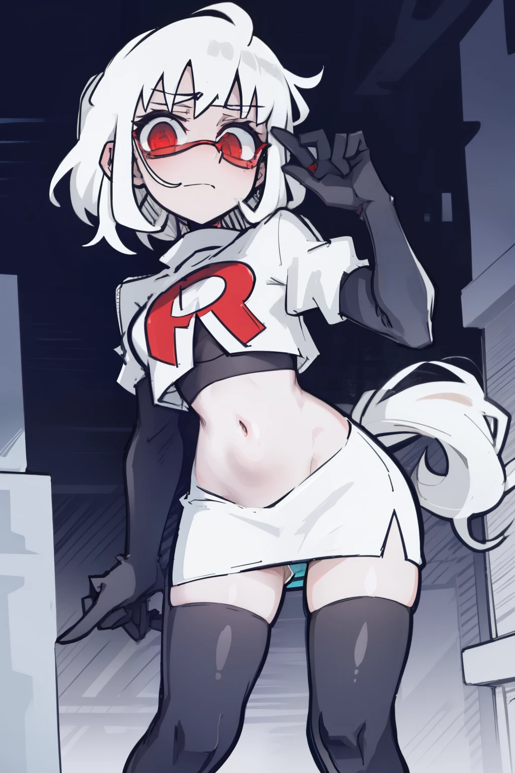 masterpiece, best quality,loremaster with goggles,red eyes, white hair,team rocket,team rocket uniform,white skirt,red letter R,crop top,black thigh-highs,black elbow gloves, comic strip