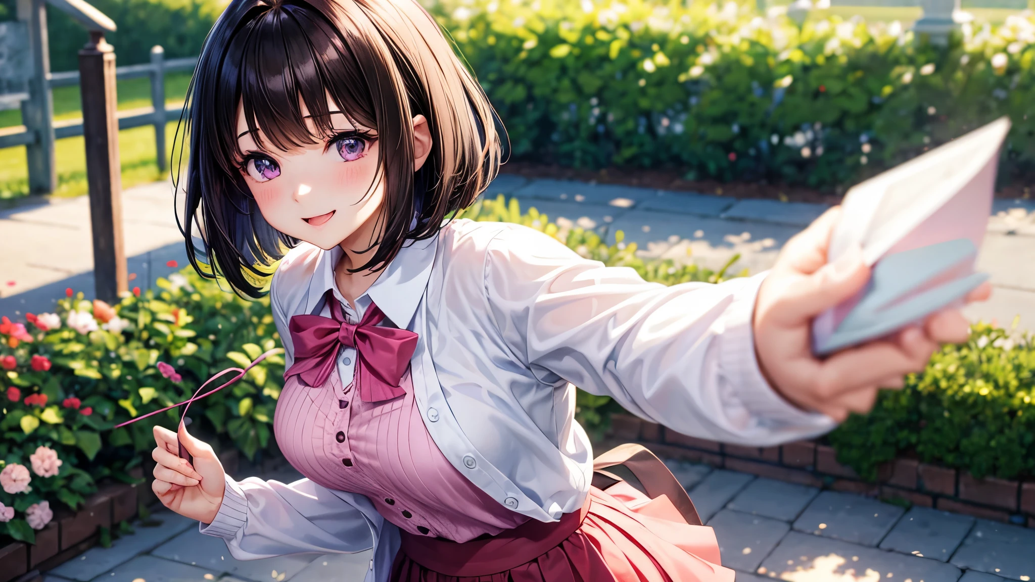 very cute girl、dark brown hair、bob cut、short hair、Violet eyes、smile、(Crystal clear white skin)、white blouse、pink cardigan、Red skirt、Black knee-high、whole body、grassland。a little nipple shape、masterpiece、High-definition CG unified 8K wallpaper、1girl、beautiful、real、blurry、blurry_background、blurry_foreground、