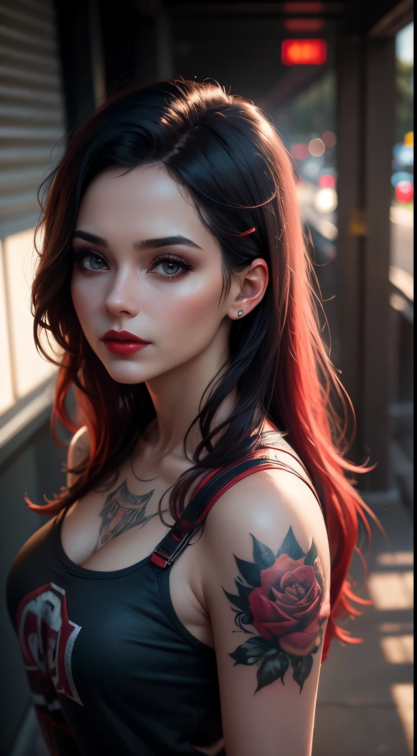 Woman, 30 years, casual clothing, red lips, tatto, Surrealism, cinematic lighting, god rays, bokeh, UHD, masterpiece, super detail, high quality, from above