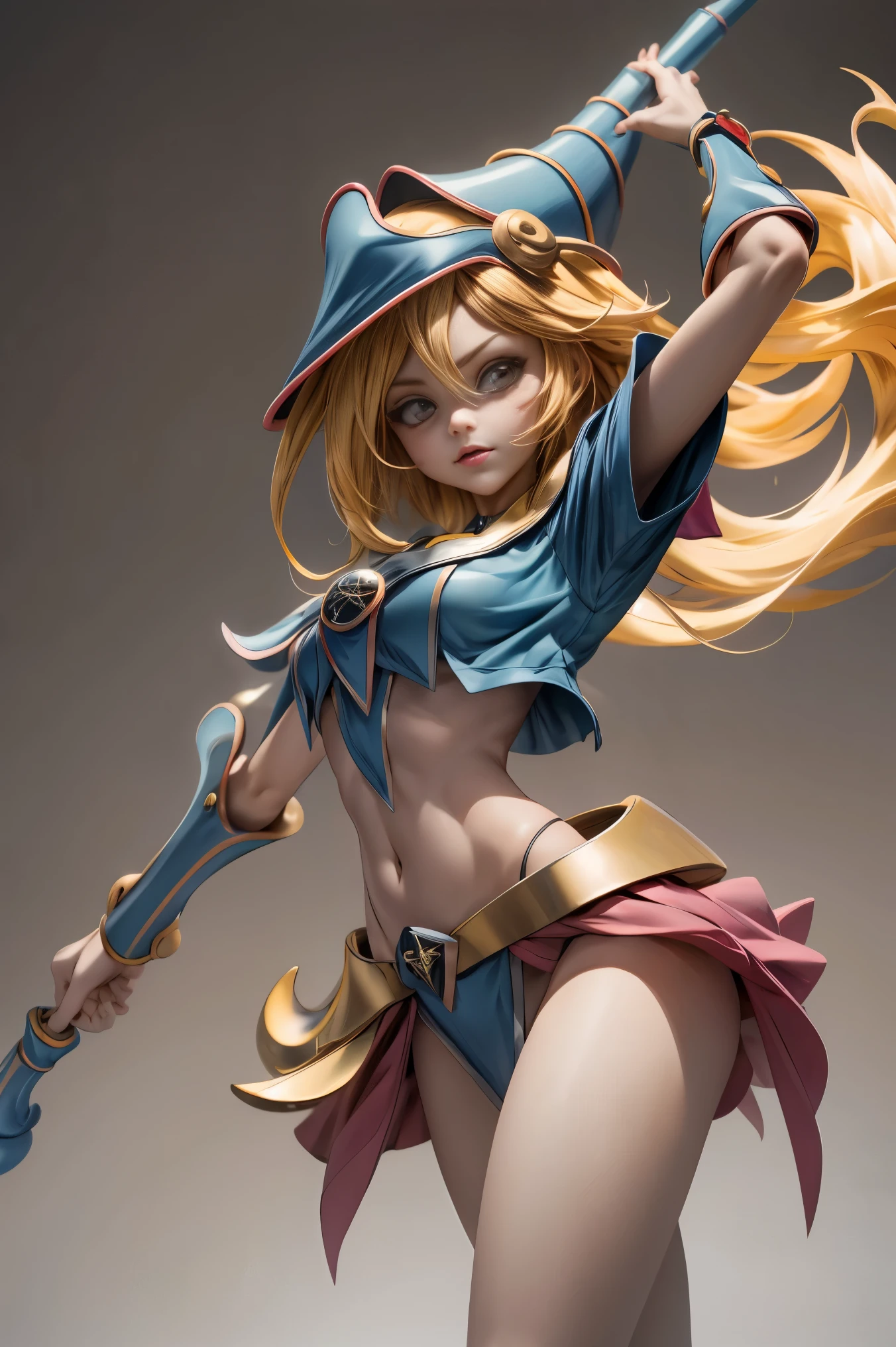 (8k,fotorrealista Raw photography highest qualityr;1.4) (1chica en) super beauty (cara realista) cuerpo femenino (Rubia de rizos largos) Hold a black and red magic wand Escena de combate Magic hat with black and gold exterior Beautiful expression Deslumbramiento (Piel de aspecto real) (Giles magos oscuros) Tentador Super high resolution Un hiperrealista Alto detalle foto de cuerpo completo restos