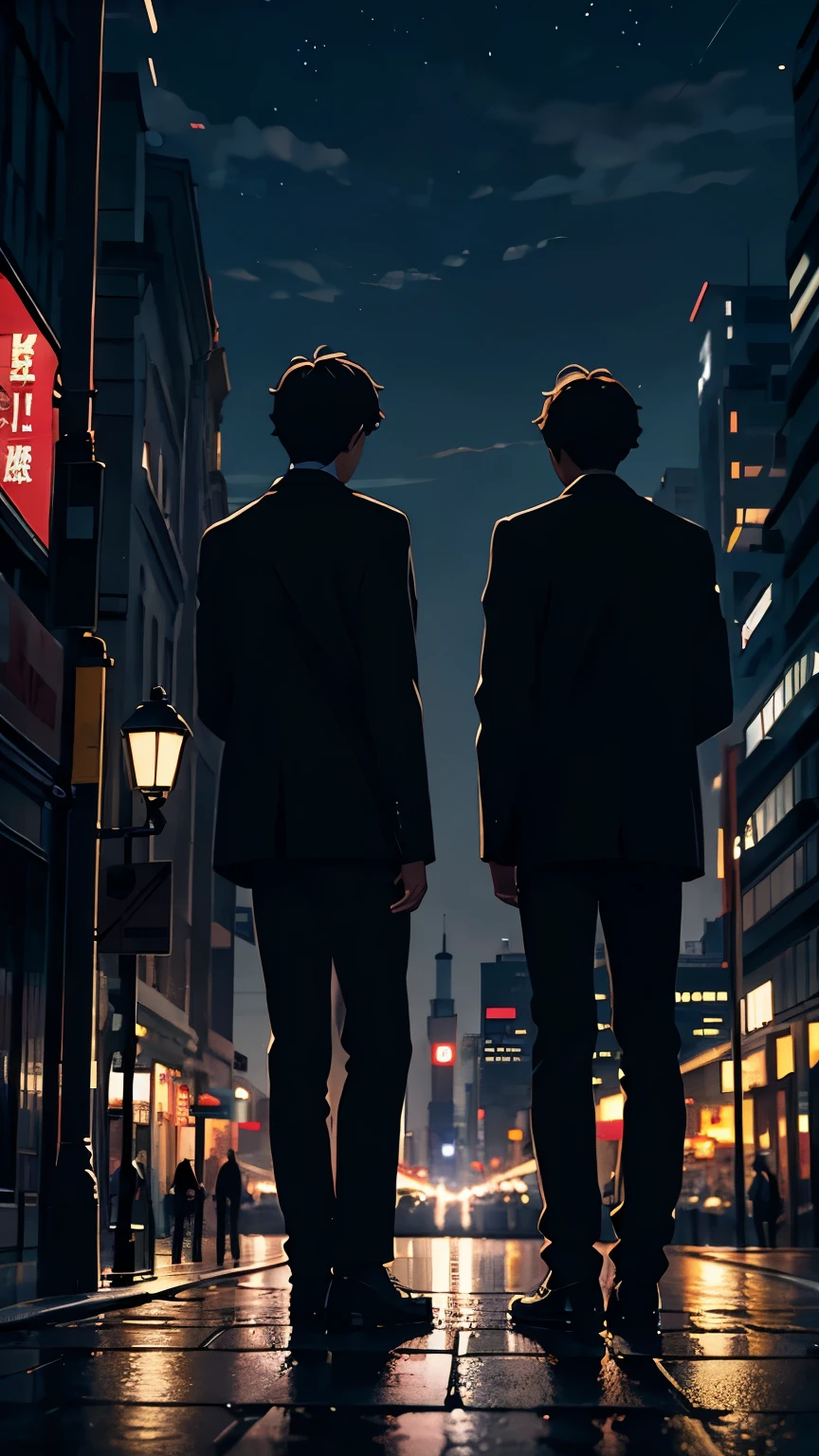 A boy stands in the city crowd at night. Facing backwards and staring towards the back