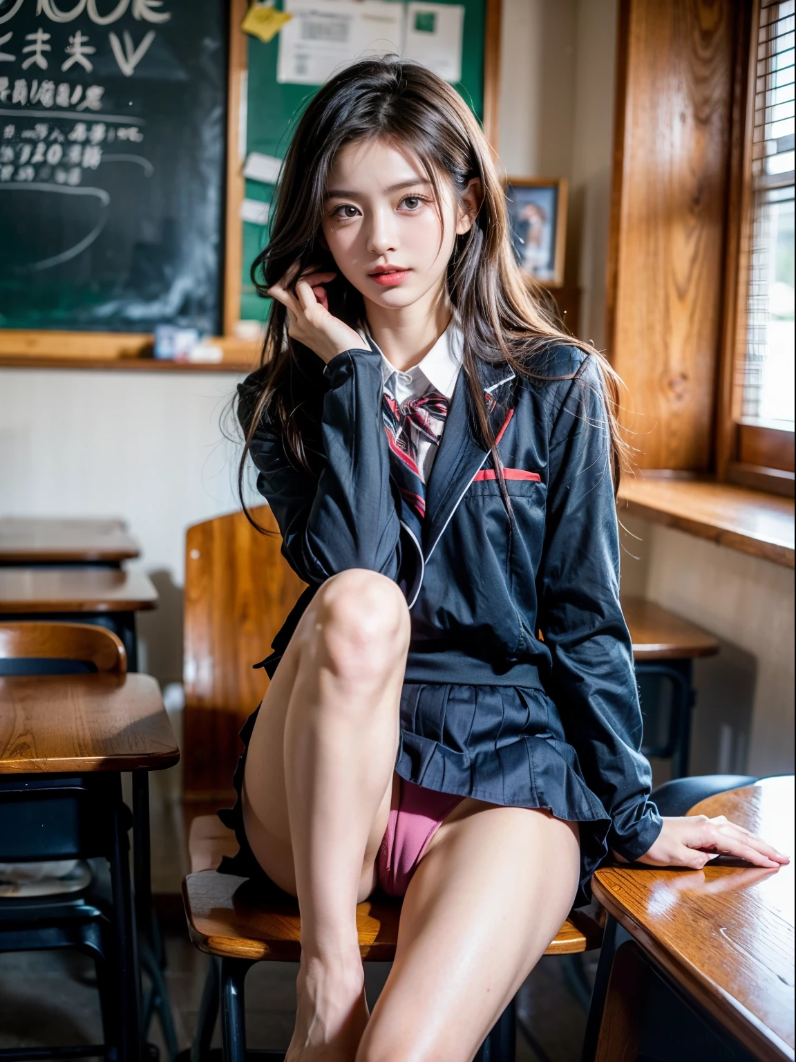 Ulchan-6500-v1.1、(RAW photo:1.2)、(Photoreal:1.4)、beautiful detailed girl、very detailed目と顔、beautiful and detailed eyes、that'that'that'That's ridiculous、unbelievable that'that'that'That's ridiculous、huge file size、Super detailed、High resolution、very detailed、highest quality、masterpiece、Kemomimi、((japanese girl' high school uniform))、enlightenment、very detailed、cg、unite、8k wallpaper、growing up、finely、masterpiece、highest quality、Highly detailed CG uniform 8K wallpaper、 light shines on your face、cinematic lighting、1 girl、、((濡れたvaginaが見えてるよ:1.2))、((dynamic pose)))、(camel toe)、(M-shaped spread legs where you sit with your knees up and your legs bent.))classroom、I can see big breasts、vagina、vagina、vagina