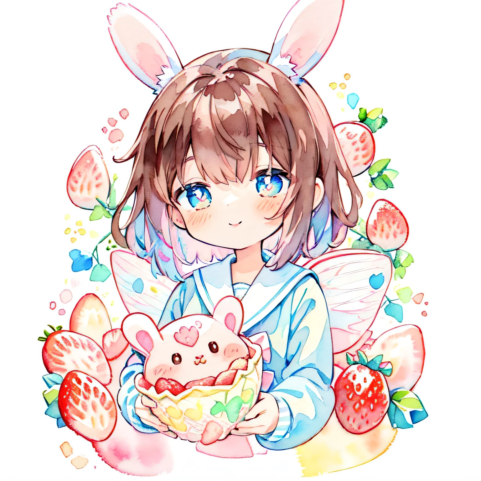 clear white skin,Yumekawa、Pink and light blue, cross-shaped pupils,Rabbit ears:1.0、 offer strawberries、Physical education sitting、 (PastelColors:1.3)、(Cute illustration:1.3)、(watercolor paiting:1.3)、(Pastel Color: 1.5), (Cute Illustration: 1.5), (Watercolor: 1.2), white background, girl, brown hair, smile, pale red throughout, moya, fairy tale, princess, wild strawberry, ivy, dress, perm