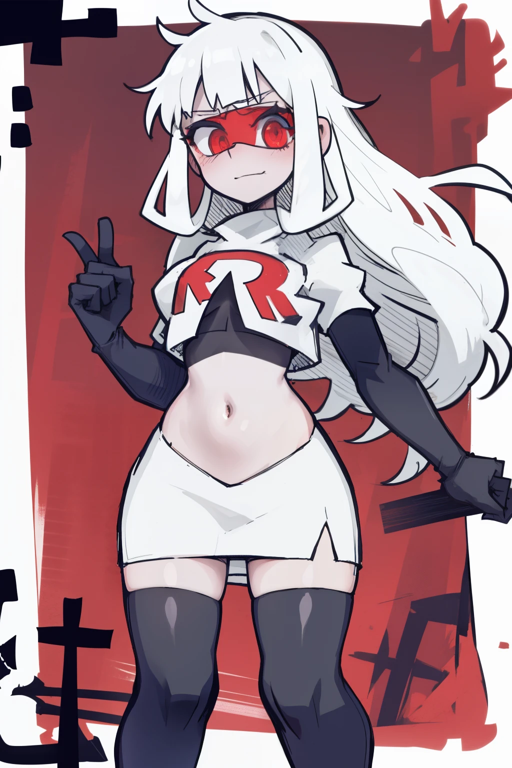 masterpiece, best quality,loremaster with goggles,red eyes, white hair,team rocket,team rocket uniform,white skirt,red letter R,crop top,black thigh-highs,black elbow gloves, comic strip