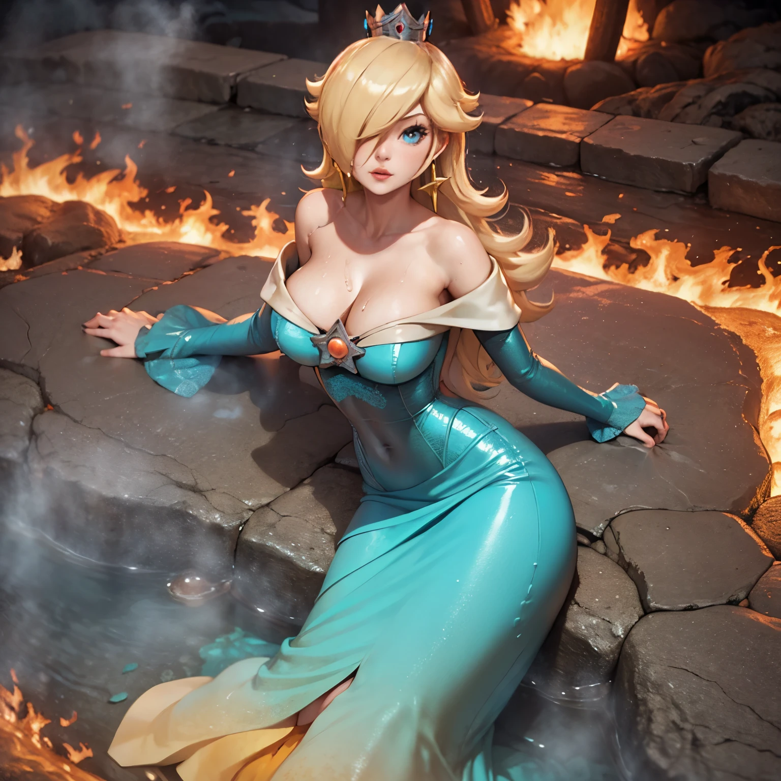Rosalina, Hot cleavage, frontal view of the tits, Tits in close-up, hot provocative tits, very hot cleavage, only her, 1 girl, titfuck pose, titfuck position, titfuck view, blue corset, crown, full body, crown visible, wet, covered nipples, sweet smile, into the volcano, lava background, burned on the lava, burning on the lava, her tits burning from the lava, sweaty tits, sweaty, very hot environment, very high temperature, in a volcano, Tits covered with lava, tits in the lava, burning in The lava, Tits resting on the lava while they burn, Tits with a lot of sweat, very wet tits, tits soaked in lava, hot lava touching and wetting her tits, burning tits, very sweaty tits, Rosalina lying on the floor with lava while her tits are resting on the lava and are burning from the lava, A river of lava under her tits begins to burn her lingerie, her tits are smoldering and burning, her tits are reddened from the heat of the lava and magma running across the floor and reaching her tits, Tits on the ground, resting on the liquid lava, HD, high definition, high quality, 8k, 4k.