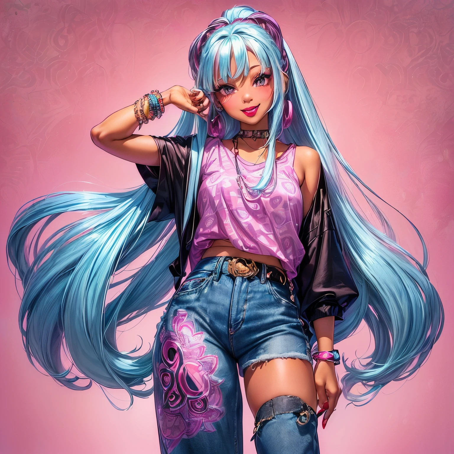 1girl, (((solo))), (((beautiful))), (((long loose silky hair, any colour hair))), (((any skin colour))), (((lipstick, any colour lipstick))), (((blush))), (((smile))), ((((casual 90's clothes, fashionable 90's attire, trendy style)))), (((stylish accessories))), (((colourful 90's background, any pattern)))