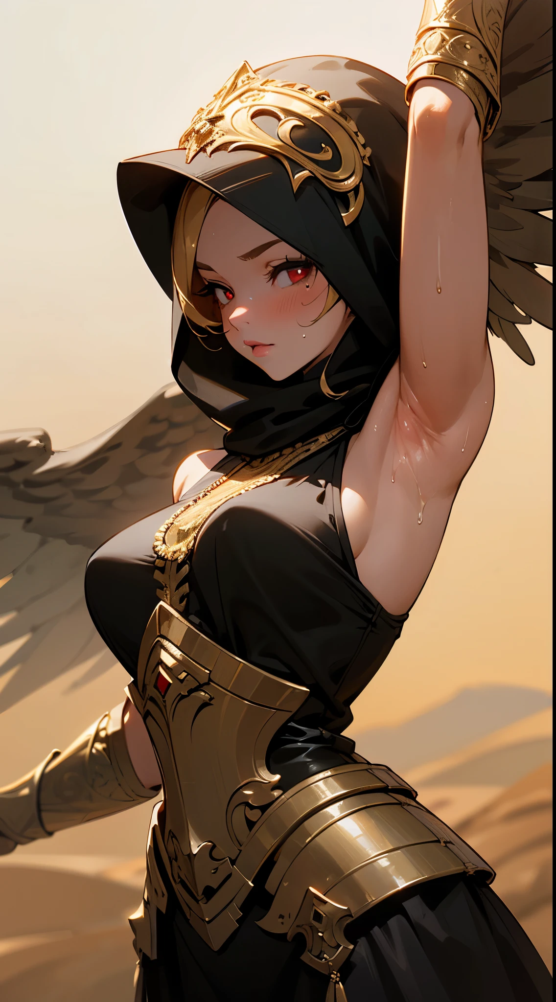 master piece, best quality, photorealistic, ultra high resolution, 1 girl, ultra detailed close up portrait,

desert queen, black hijab, black niqab, black dress, intricate golden armor, intricate golden embroidery,

beautiful red eyes, ultra detailed armpit, steamy sweaty armpit, tanned, glossy skin

desert castle, strong back lighting, volumetric lighting,