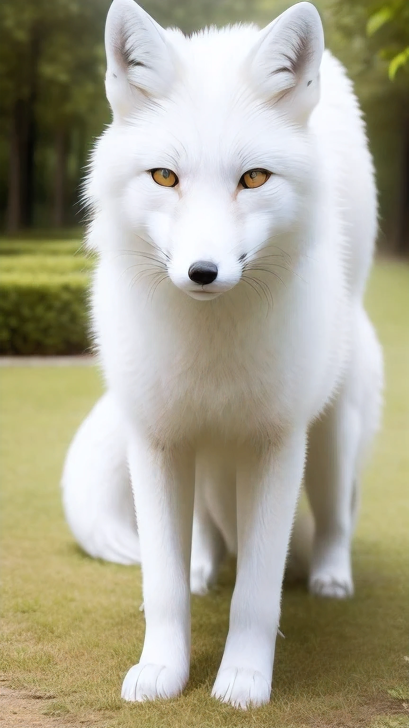 masterpiece, ((a white fox)), best quality, front view, all fours, 8k, 4k, head shot, golden background, temple, a pure white fox, one white fox, お稲荷様, 赤い前掛け, on red carpet, front viewing, head shot, looking at me, shining background