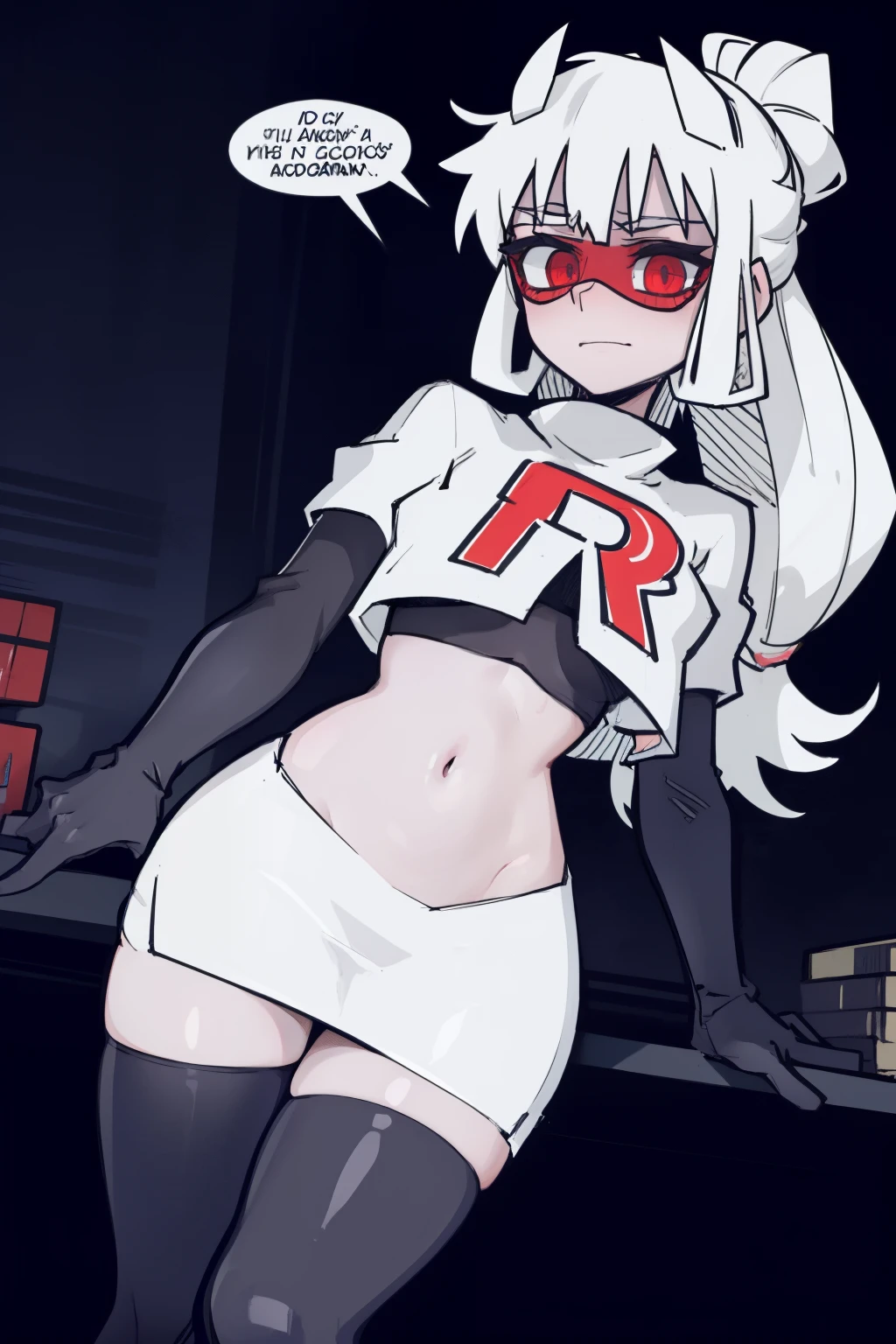 masterpiece, best quality,loremaster with goggles,red eyes, white hair,team rocket,team rocket uniform,white skirt,red letter R,crop top,black thigh-highs,black elbow gloves, comic strip