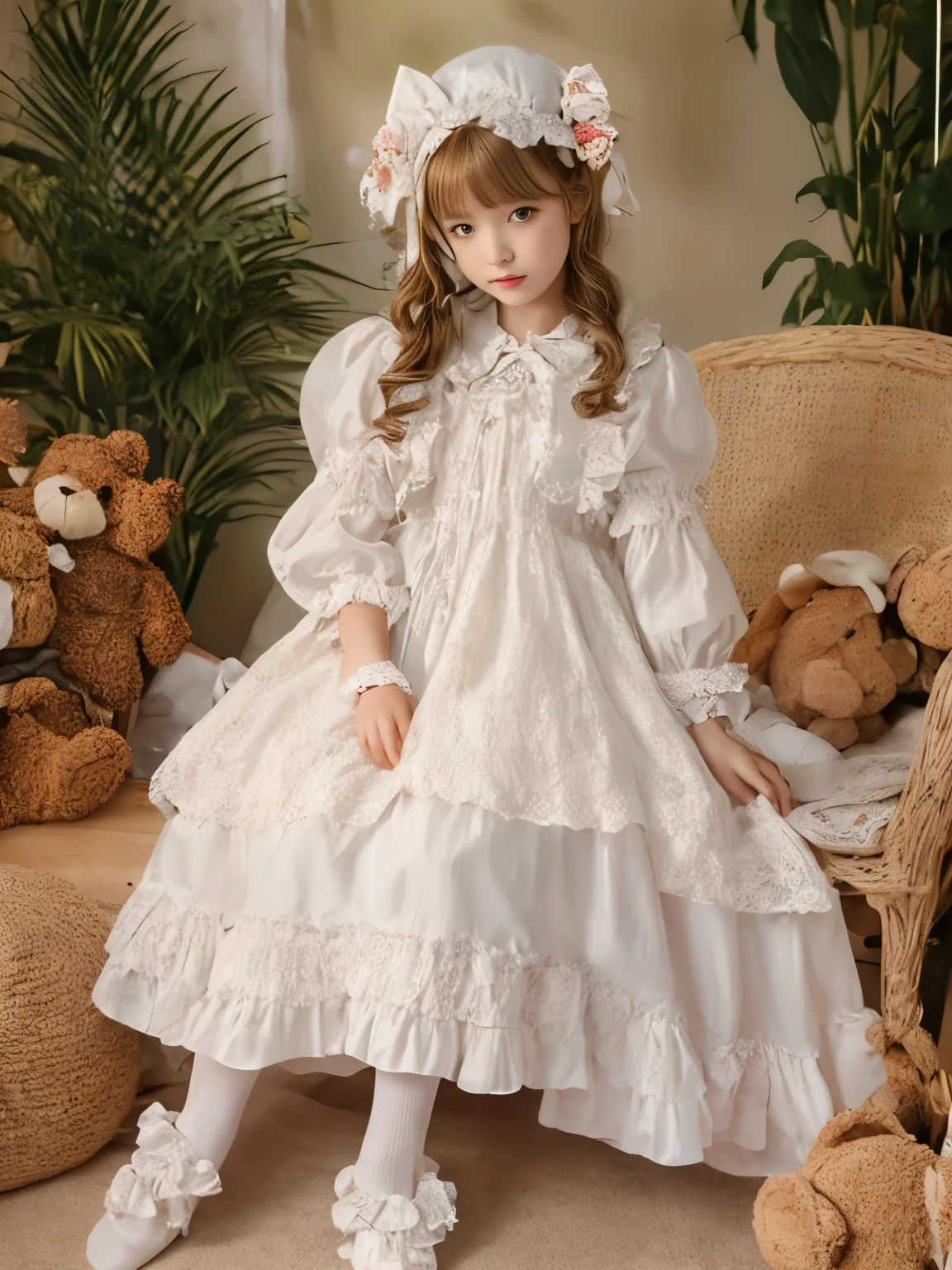 ,highest quality, masterpiece, highest resolution, artwork, super それにget used to it, many get used to it, get used to it, それにget used to it, 3K realistic photos,,(( girl)),Super detailed baby face,
girl illustration,detailed beautiful face detailed hair,detailed human eye ,detailed mouth, arm details,detailed hand,
european,(((blonde with super long rolls))),blue eyes,pajamas,night wear,((((white nightgown)))),((フリルとリボンが沢山付いたwhite nightgown)),((1920 style nightgowns)),,((headdress with frills and ribbons)),victorian nightgowns,Yoke collar with ruffles and ribbons,Long sleeves with ruffles,Long skirt up to the ankle,((The whole body is reflected)),socks with white frills and lace,Wearing slippers with frills and ribbons,Pillow with large frills and ribbons,detailed costumes,Detailed pillow,Sitting on the bed,hugging a teddy bear,detailed teddy bear,
