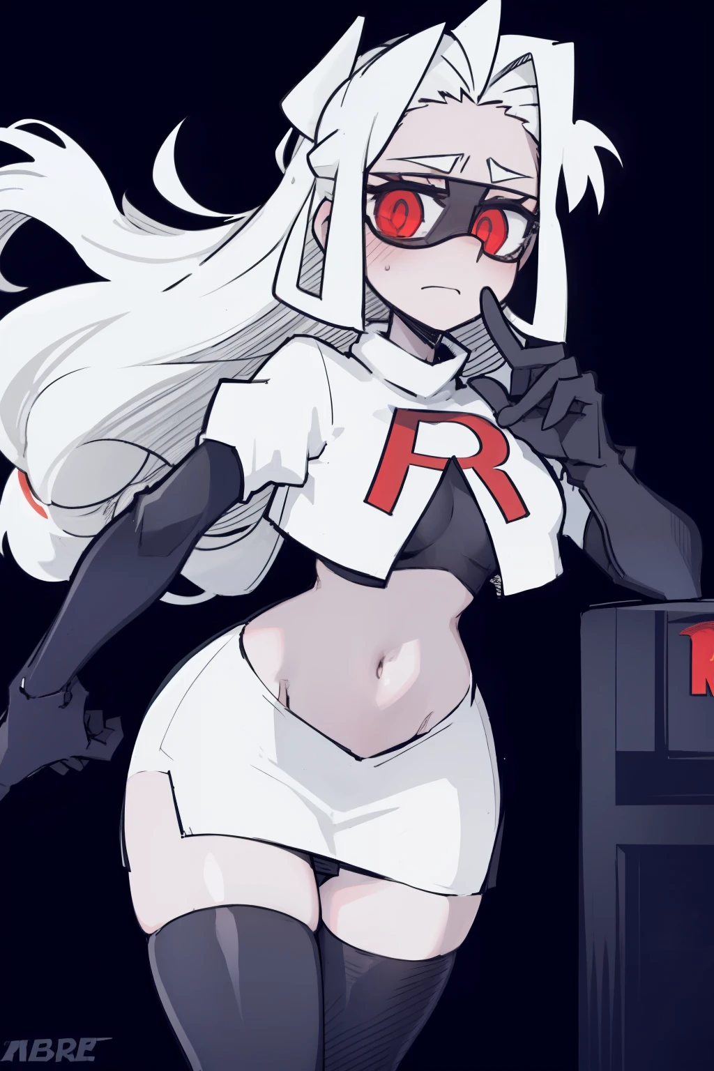 masterpiece, best quality,loremaster with goggles,red eyes, white hair,team rocket,team rocket uniform,white skirt,red letter R,crop top,black thigh-highs,black elbow gloves, comic strip