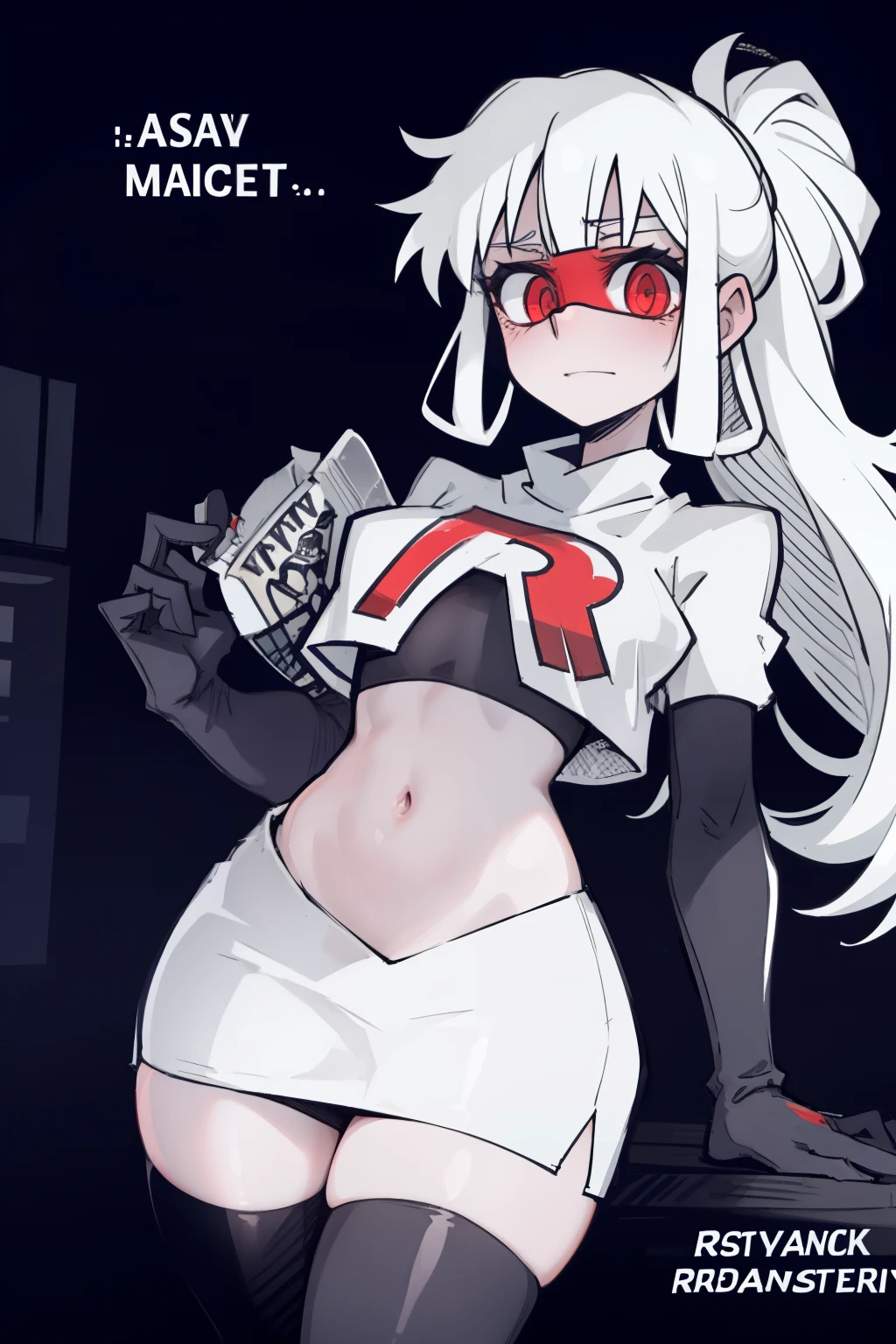 masterpiece, best quality,loremaster with goggles,red eyes, white hair,team rocket,team rocket uniform,white skirt,red letter R,crop top,black thigh-highs,black elbow gloves, comic strip