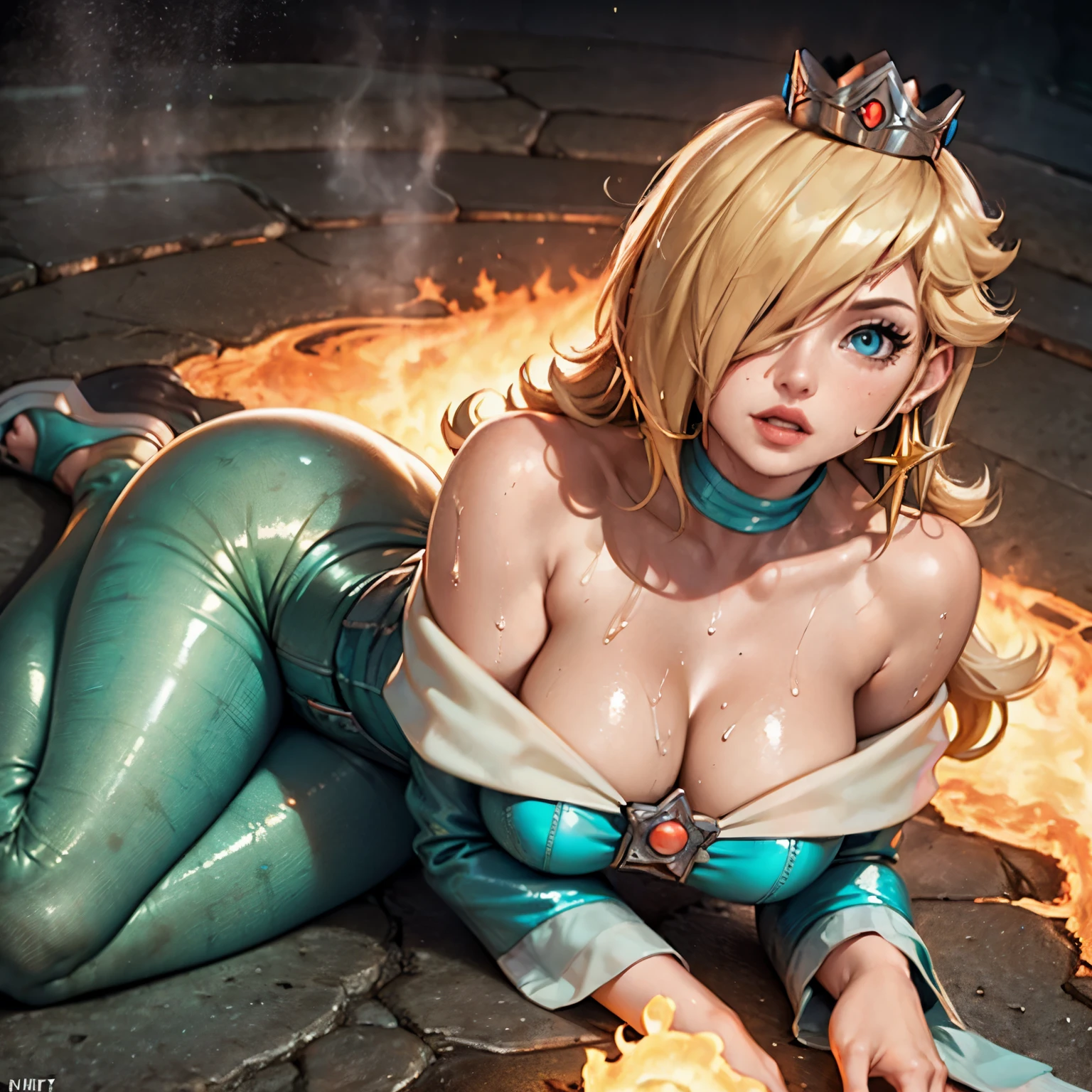 Rosalina, Hot cleavage, frontal view of the tits, Tits in close-up, hot provocative tits, very hot cleavage, only her, 1 girl, titfuck pose, titfuck position, titfuck view, blue corset, crown, full body, crown visible, wet, covered nipples, sweet smile, into the volcano, lava background,  burned on the lava,  burning on the lava, her tits burning from the lava, sweaty tits, sweaty, very hot environment, very high temperature, in a volcano, Tits covered with lava, tits in the lava, burning  in The lava, Tits resting on the lava while they burn, Tits with a lot of sweat, very wet tits, tits soaked in lava, hot lava touching and wetting her tits, burning tits, very sweaty tits, Rosalina lying on the floor with lava while her tits are resting on the lava and are burning from the lava, A river of lava under her tits begins to burn her lingerie, her tits are smoldering and burning, her tits are reddened from the heat of the lava and magma running across the floor and reaching her tits, Tits on the ground, resting on the liquid lava, HD, high definition, high quality, 8k, 4k.