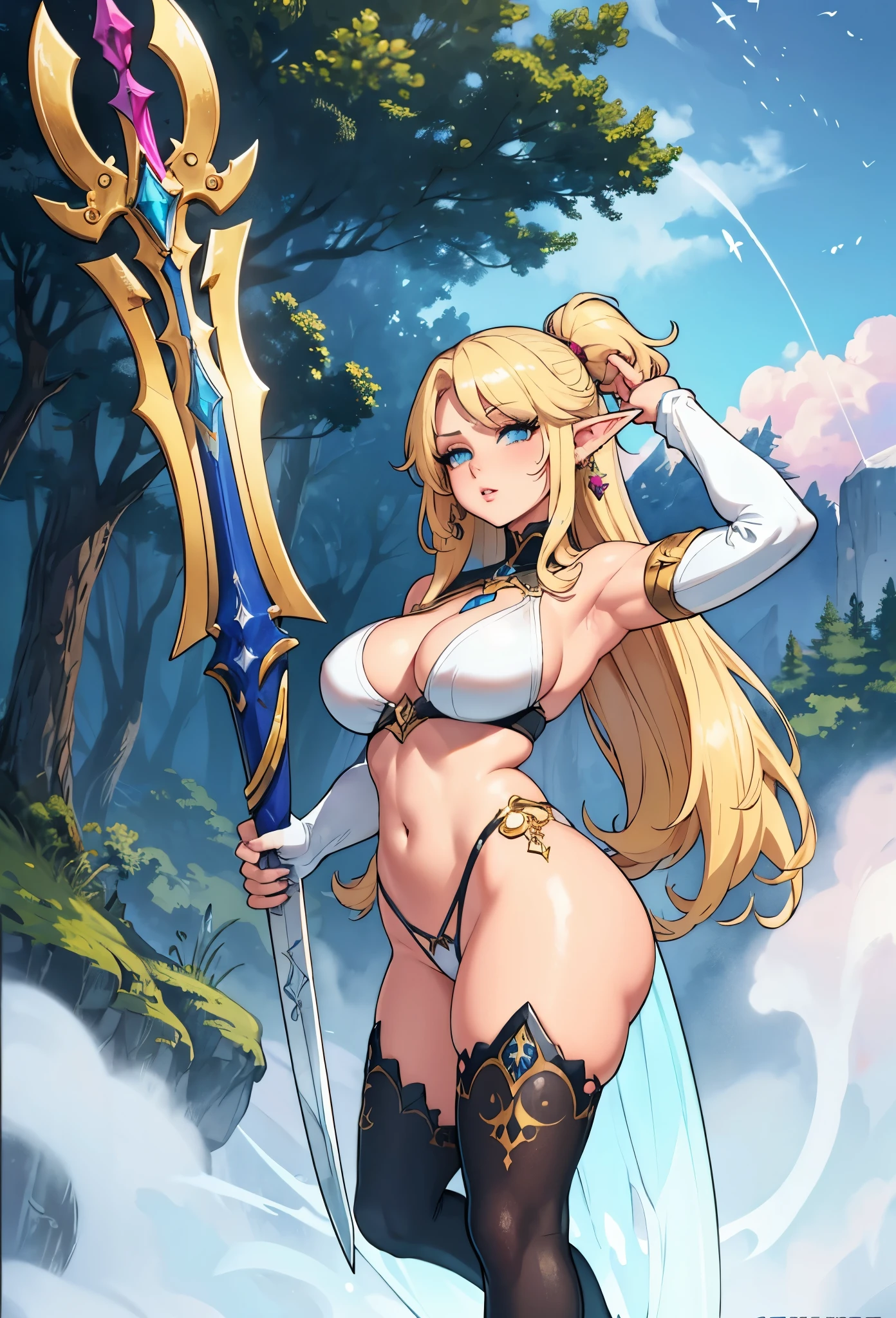 Blonde Elf girl dual wielding daggers, azure eyes, elf ears, mercenary outfit, long sword on the back, big earrings, highheels, white leggings, skintight, show bellybutoon, armsleeves, cleavage, fairy, winter, tree, fog in the background, ullbodyshot, whole body in shot, pink painted nails, nail polish, very detailed, high quality, cute face, detailed hair, (best quality), (masterpiece: 1.1), (very detailed CG unity 8k wallpaper: 1.1), (color: 0.9), (panoramic shot: 1.4), (single: 1.2), (splashed ink), (splashed color), ((watercolor)), clear and sharp focus, anatomically correct, toned body, very detailed anatomy, big ass, big thighs, glossy lips, wet looking lips, very detailed eyes, chibi, semi-realistic, . sexy