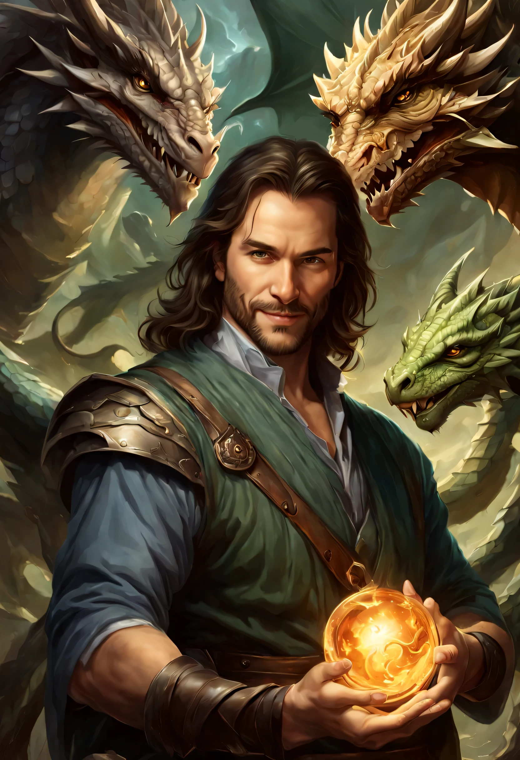 there is a man holding a dragon and a dragon on his hand, graphic artist magali villeneuve, fantasy art smug smile man, fantasy card game art, hyperrealistic d & d fantasy art, d & d fantasy digital art, male artificer, dnd character art portrait, dungeons and dragons fantasy art, by Magali Villeneuve, d & d character portrait