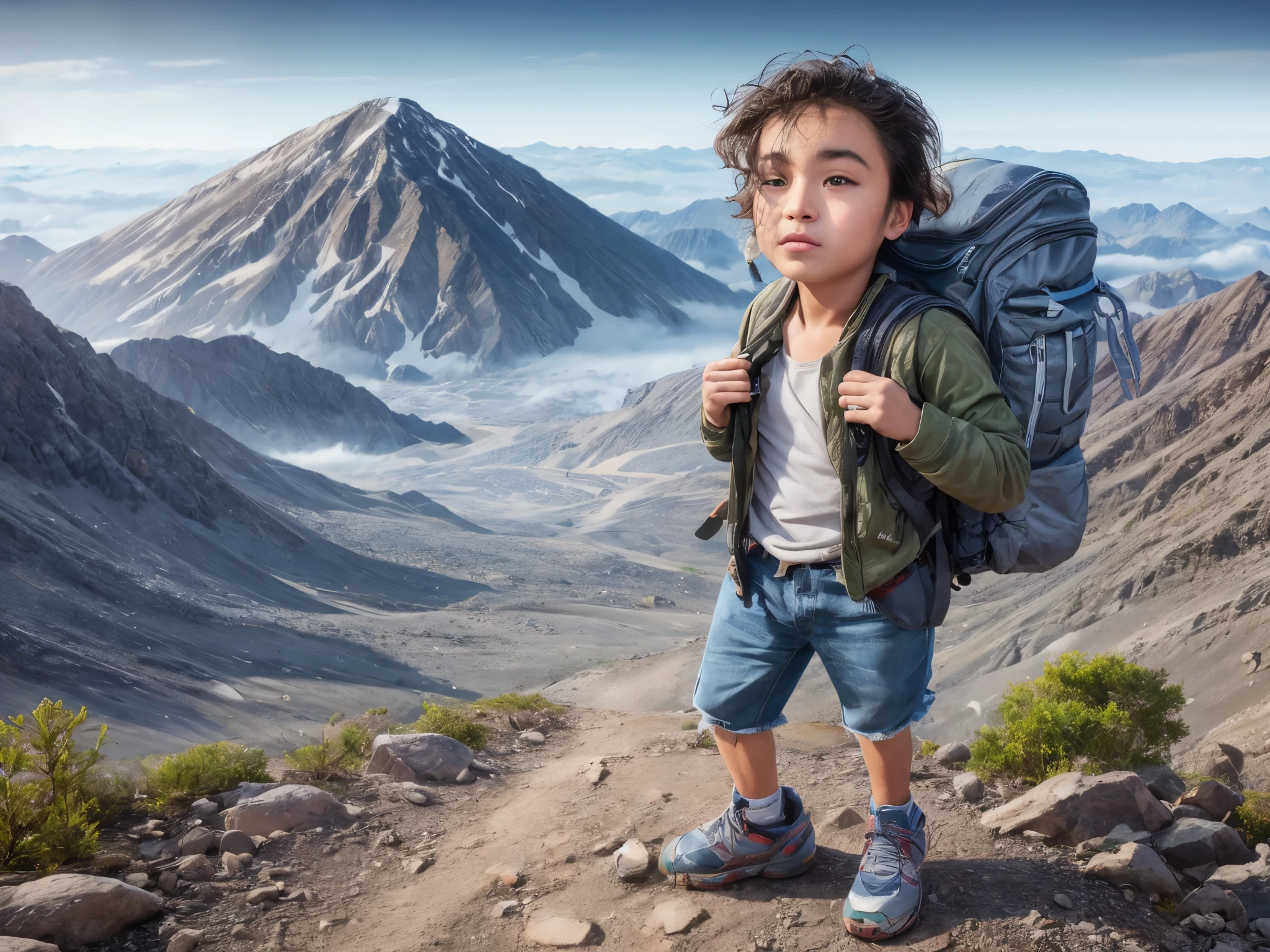 arafed man with a backpack standing on a mountain road, realistic