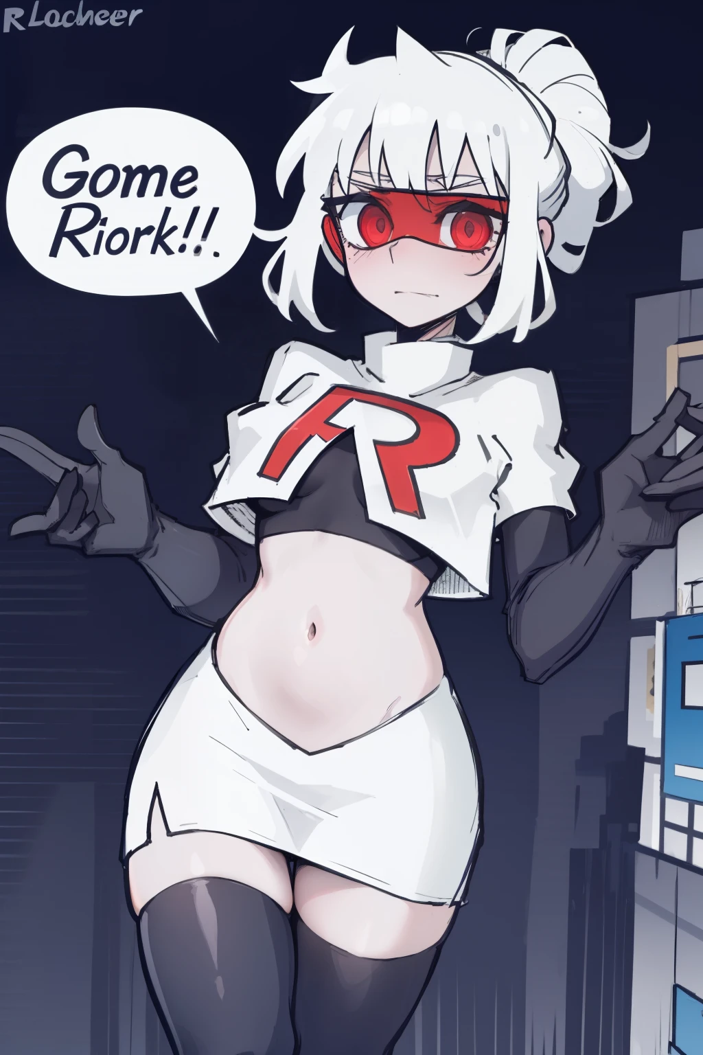 masterpiece, best quality,loremaster with goggles,red eyes, white hair,team rocket,team rocket uniform,white skirt,red letter R,crop top,black thigh-highs,black elbow gloves, comic strip