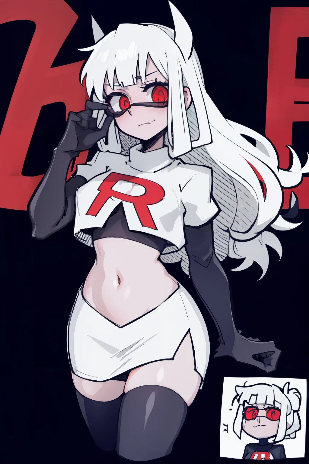 masterpiece, best quality,loremaster with goggles,red eyes, white hair,team rocket,team rocket uniform,white skirt,red letter R,crop top,black thigh-highs,black elbow gloves, comic strip