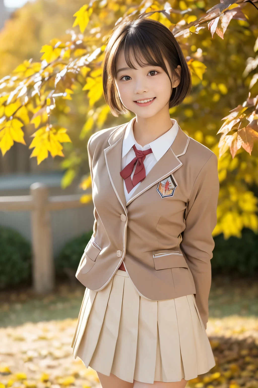 (((masterpiece，8K，highest quality, very detailed)))，Coming running，(one beautiful girl，innocence，cute)，((baby face、Childish，cute10歳の美少女))，Real Gravure Idol，super detailed face、detailed lips、detailed eye、enjoying，((boyish short hair:1.37))，((brown long sleeve blazer, Red Neck Ribbon，light brown pleated mini skirt，Japanese high school uniform with the school emblem on the chest))，Joyful，Excited，rosy cheeks，cozy atmosphere，magic moment，happy memories，love and laughter，small breasts，small ass，slender body shape，low length，A smile that makes you want to hug me，warm air，anatomically accurate，movie lighting，Love overflows，I like you，Natural light，autumn scenery，Beautiful autumn leaves，blue and high sky，Feeling of sprinting，Pose with movement