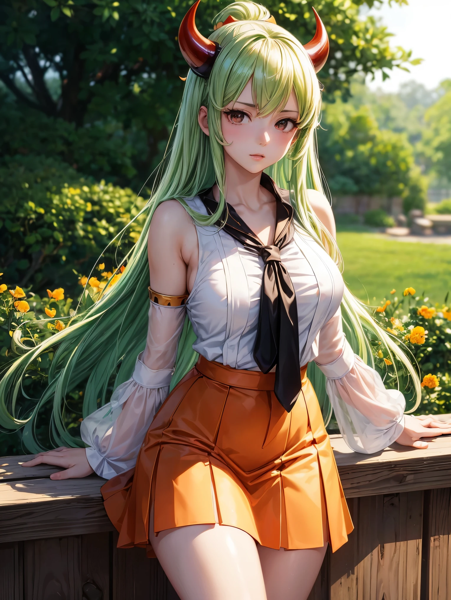 ((best quality)), ((Masterpiece)), (details), perfect face,Yamato from One Piece,Young woman,Cute face,long white-green hair,Tie me up.,Bangs,He has red-orange horns..,black eyes,white sleeveless shirt,Milk groove,round milk,red skirt,white skin,stand,lawn,Masterpiece,realistic,blur,4k,shiny skin