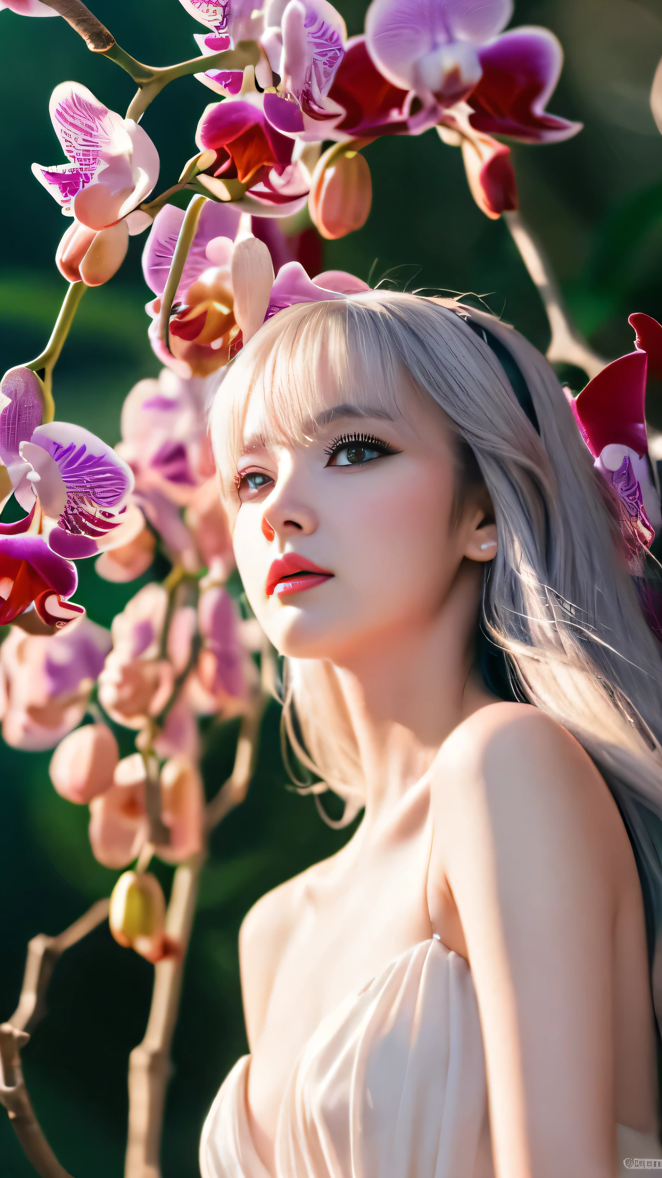 (CG 8k wallpaper extremely detailed, masterpiece, best quality, ultra-detailed), (better lighting, better shadow, extremely delicate and beautiful), floating, high saturation, dynamic angle, ((1girl)), gorgeous, ningguang(orchid evening dress) white hair, red eyes, very long hair, hair ornament, bangs