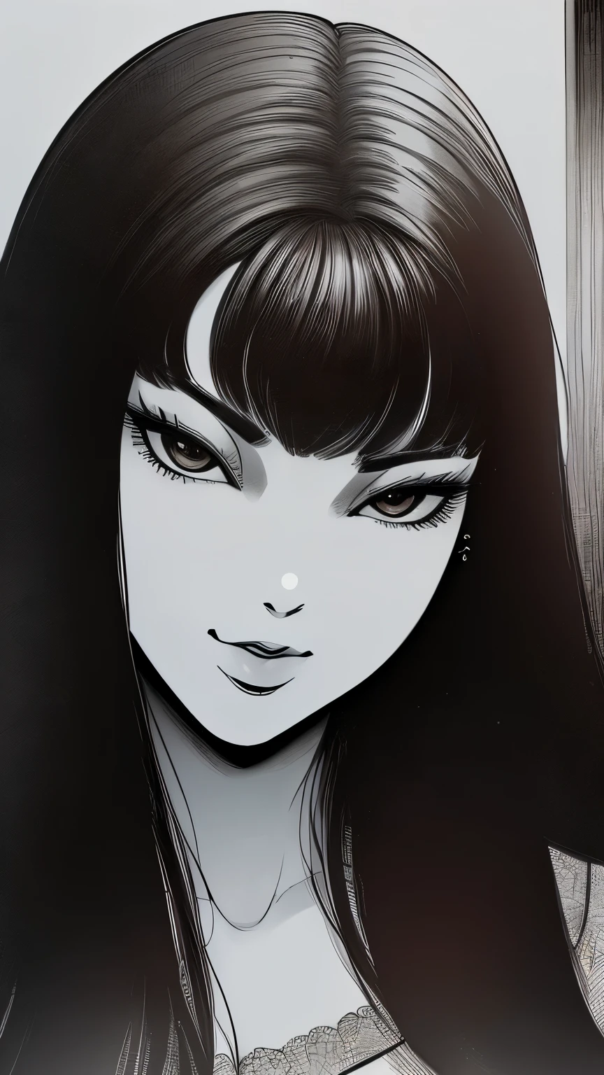 ((ultra quality)), ((masterpiece)), Tomie, Black & White Style, manga, ((black long hair)), (Beautiful face), (beautiful female lips), (), charming, ((sexy facial expression)), looks at the camera with a slight smile, (skin color white), (White skin), glare on the body, ((Detailed eyes)), ((Brown eyes)), (juicy female lips), (dark eyeliner), (beautiful female hands), ((ideal female figure)), ideal female body, beautiful waist, beautiful hips, medium breasts, ((subtle and beautiful)), A seductive stance (), (одета в японскую школьную форму Black & White Style) background: The Japanese School, corridor, ((depth of field)), ((high quality clear image)), (clear details), ((high detail)), realistically, professional photo session, ((Clear Focus))