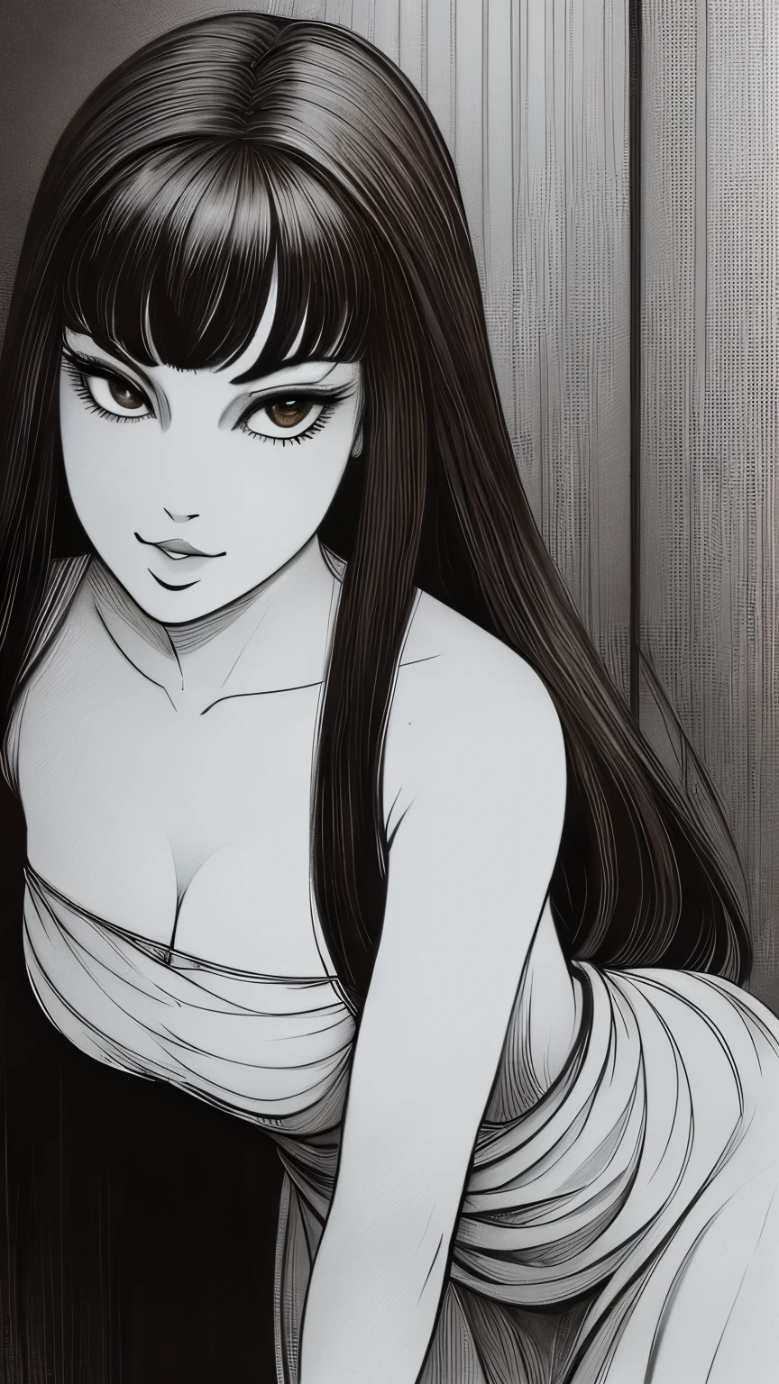 ((ultra quality)), ((masterpiece)), Tomie, Black & White Style, manga, ((black long hair)), (Beautiful face), (beautiful female lips), (), charming, ((sexy facial expression)), looks at the camera with a slight smile, (skin color white), (White skin), glare on the body, ((Detailed eyes)), ((Brown eyes)), (juicy female lips), (dark eyeliner), (beautiful female hands), ((ideal female figure)), ideal female body, beautiful waist, beautiful hips, medium breasts, ((subtle and beautiful)), A seductive stance (), (одета в японскую школьную форму Black & White Style) background: The Japanese School, corridor, ((depth of field)), ((high quality clear image)), (clear details), ((high detail)), realistically, professional photo session, ((Clear Focus))