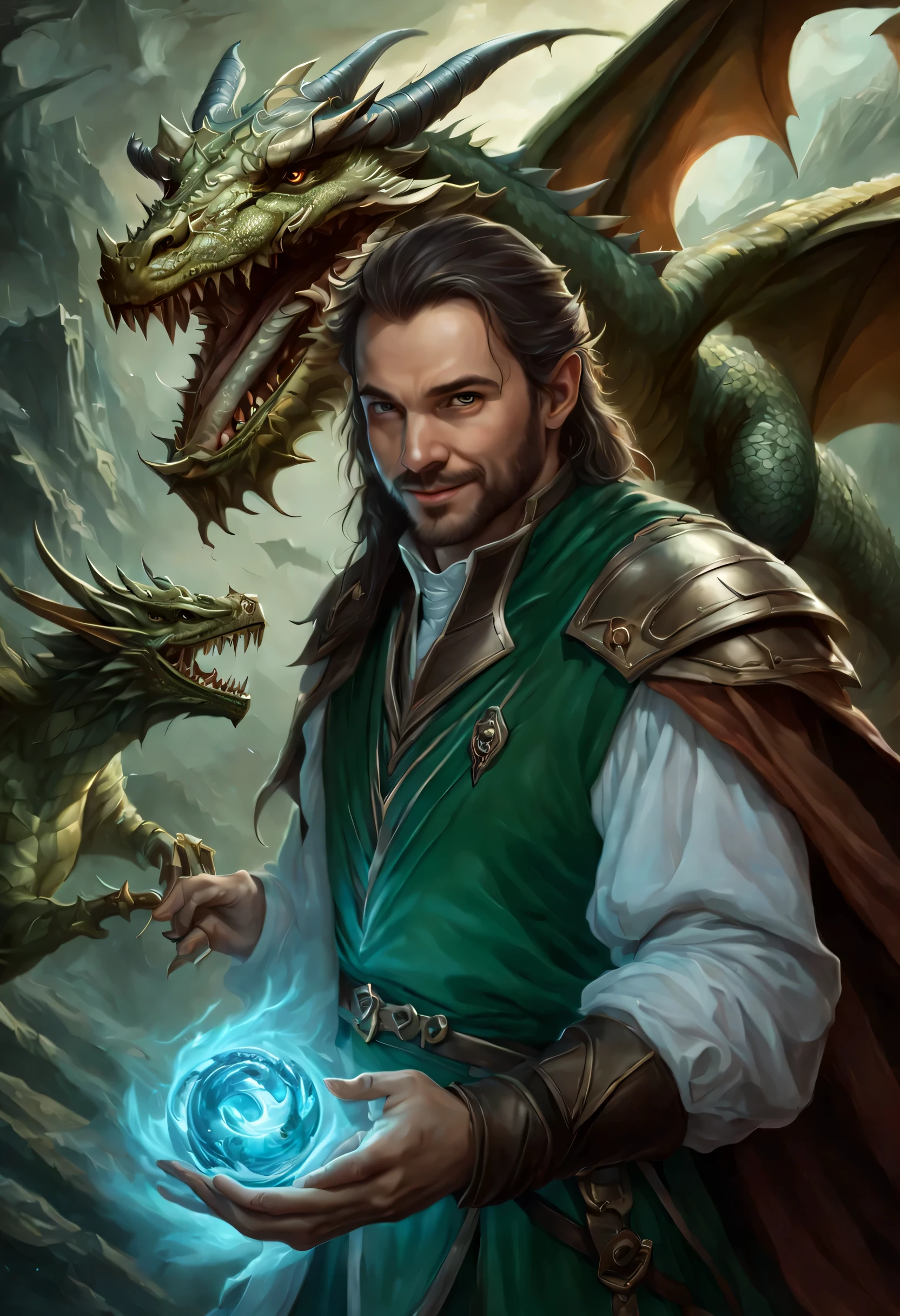 there is a man holding a dragon and a dragon on his hand, graphic artist magali villeneuve, fantasy art smug smile man, fantasy card game art, hyperrealistic d & d fantasy art, d & d fantasy digital art, male artificer, dnd character art portrait, dungeons and dragons fantasy art, by Magali Villeneuve, d & d character portrait