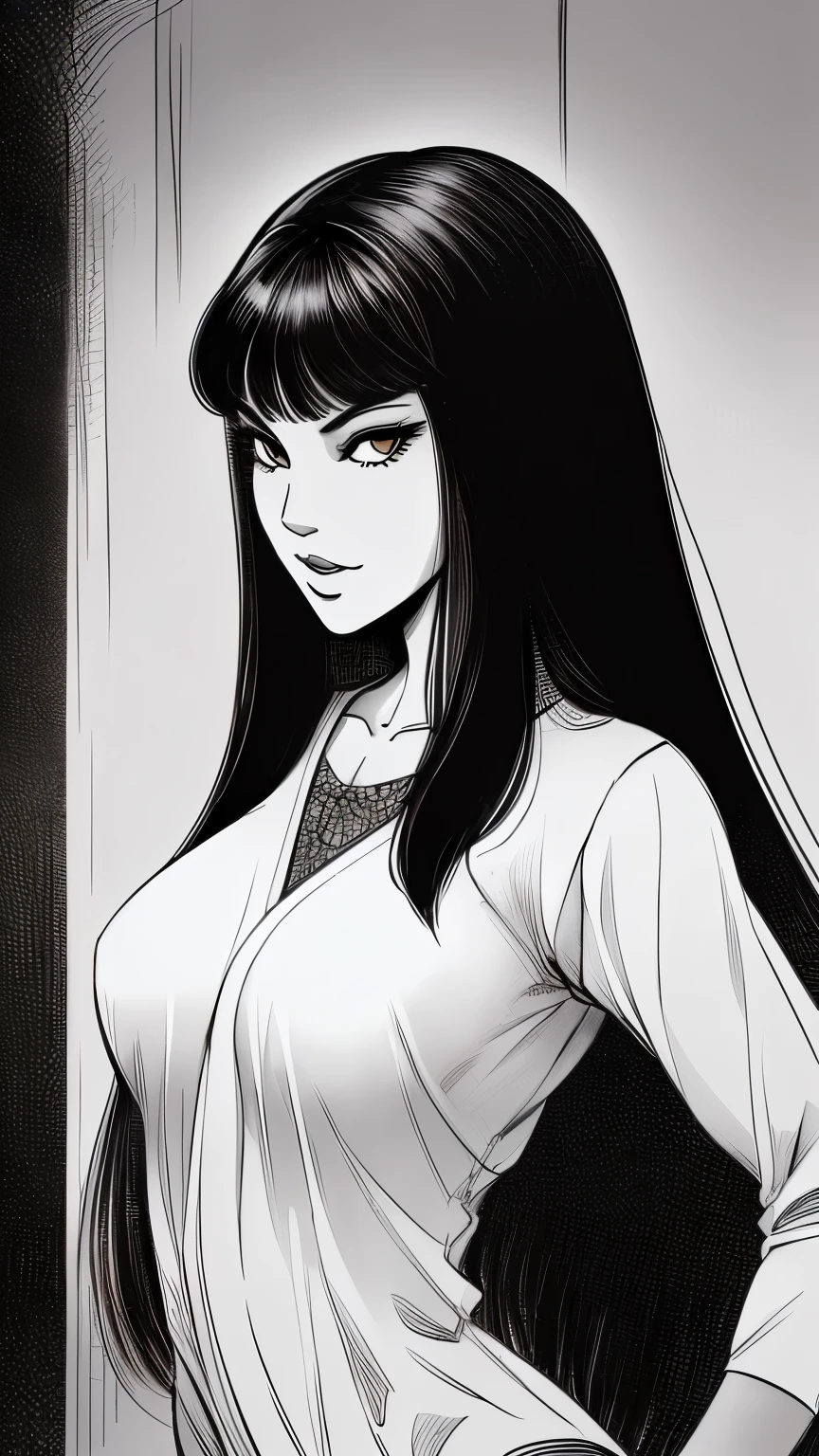 ((ultra quality)), ((masterpiece)), Tomie, Black & White Style, manga, ((black long hair)), (Beautiful face), (beautiful female lips), (), charming, ((sexy facial expression)), looks at the camera with a slight smile, (skin color white), (White skin), glare on the body, ((Detailed eyes)), ((Brown eyes)), (juicy female lips), (dark eyeliner), (beautiful female hands), ((ideal female figure)), ideal female body, beautiful waist, beautiful hips, medium breasts, ((subtle and beautiful)), A seductive stance (), (одета в японскую школьную форму Black & White Style) background: The Japanese School, corridor, ((depth of field)), ((high quality clear image)), (clear details), ((high detail)), realistically, professional photo session, ((Clear Focus))