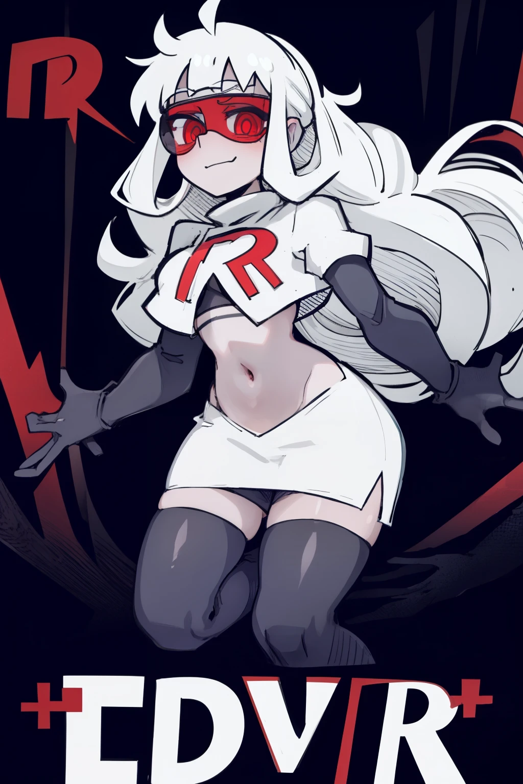 masterpiece, best quality,loremaster with goggles,red eyes, white hair,team rocket,team rocket uniform,white skirt,red letter R,crop top,black thigh-highs,black elbow gloves, comic strip