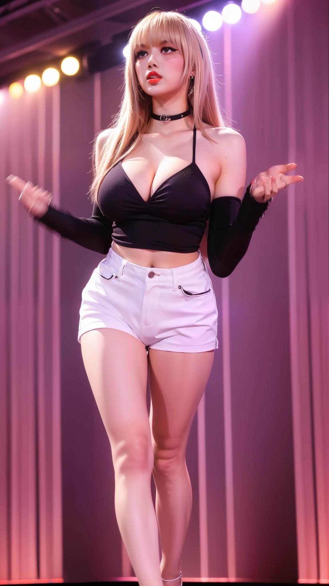 (8K, 4K, Best Quality, Highres, Ultra High Res:1.1), (Masterpiece, Realistic, Photo-Realistic:1.1), 1girl, Face, Close-Up, Twintails, Blonde Hair, Black Eyes, Red Lips, (Looking in Audience: 2), Wearing a sports top, open waist, shorts, long legs, ridiculously long hair, long eyelashes, eye shadow, small face, big eyes, bare shoulders, high contrast,Show breasts,huge boobs、Show breasts,huge boobs、Show breasts,Full body display,Full body display,huge boobs、Show breasts,huge boobs、,Show breasts,huge boobs、Show breasts,huge boobs、Show breasts,huge boobs、Show breasts、huge 、