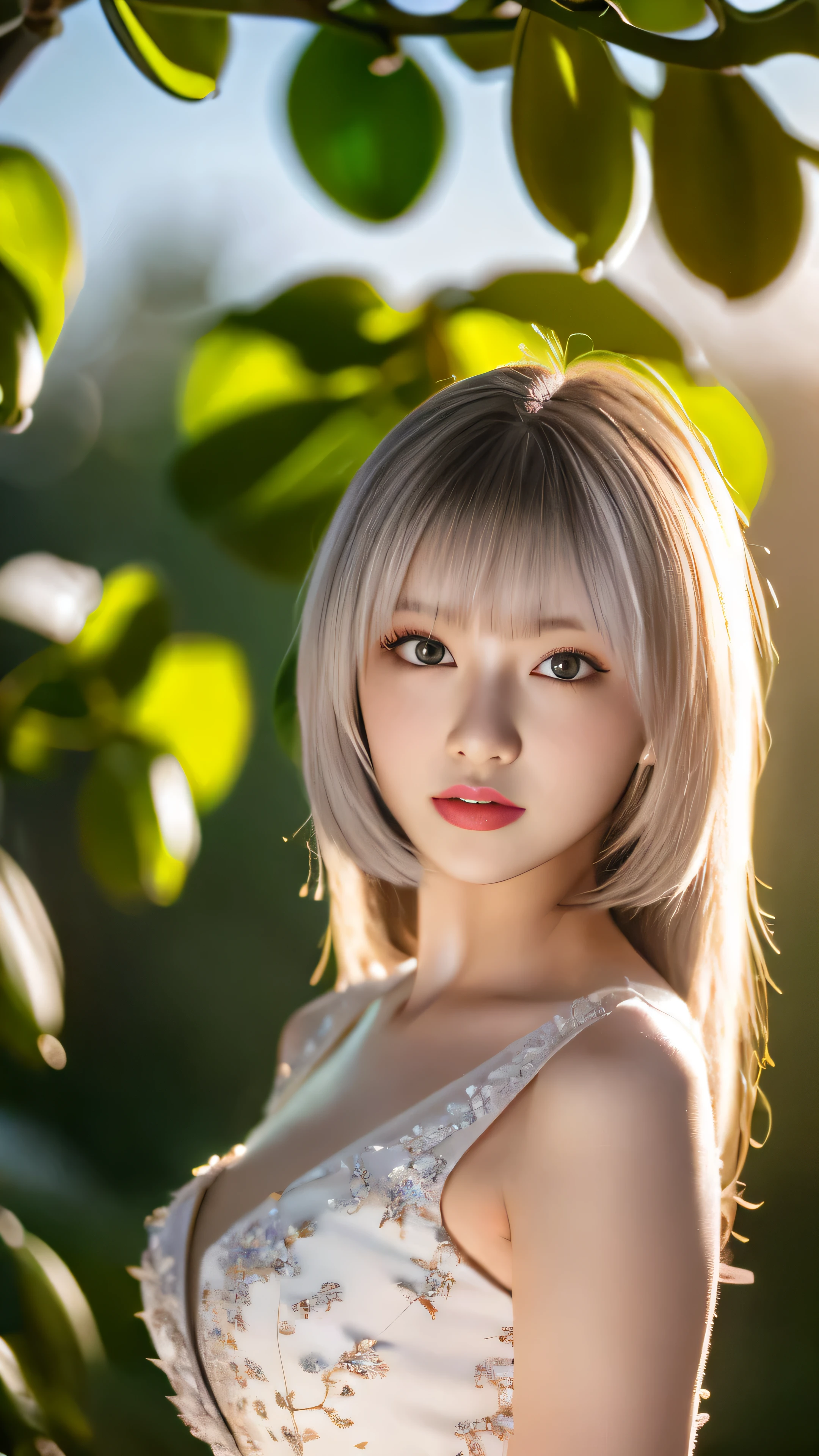 (CG 8k wallpaper extremely detailed, masterpiece, best quality, ultra-detailed), (better lighting, better shadow, extremely delicate and beautiful), floating, high saturation, dynamic angle, ((1girl)), gorgeous, ningguang(orchid evening dress) white hair, red eyes, very long hair, hair ornament, bangs