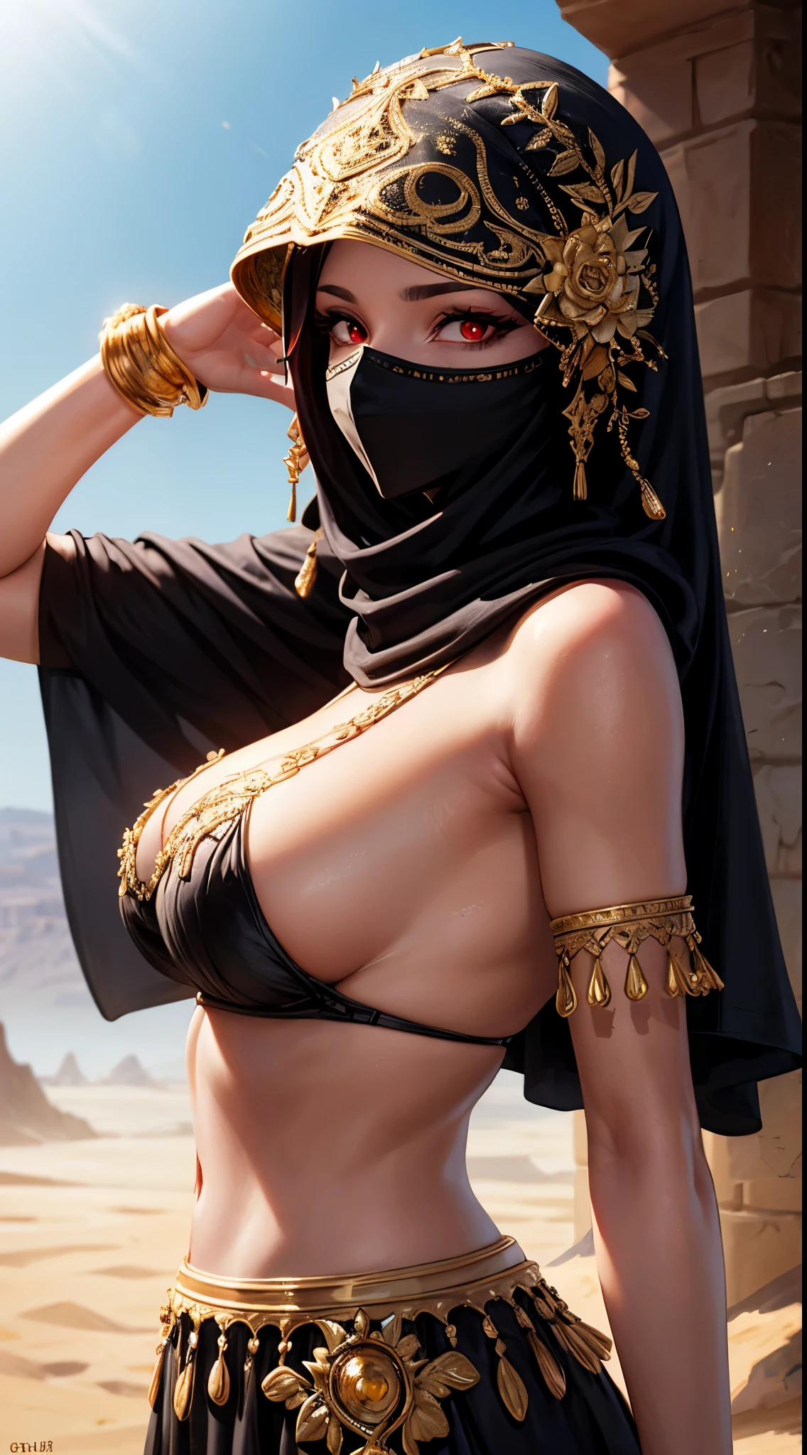 master piece, best quality, photorealistic, high resolution, 1 girl, close up portrait,

desert queen, black hijab, black niqab, black dress, intricate golden armor, intricate golden embroidery,

beautiful red eyes, ultra detailed armpit, steamy armpit, tanned, glossy skin

desert castle, strong back lighting, volumetric lighting,