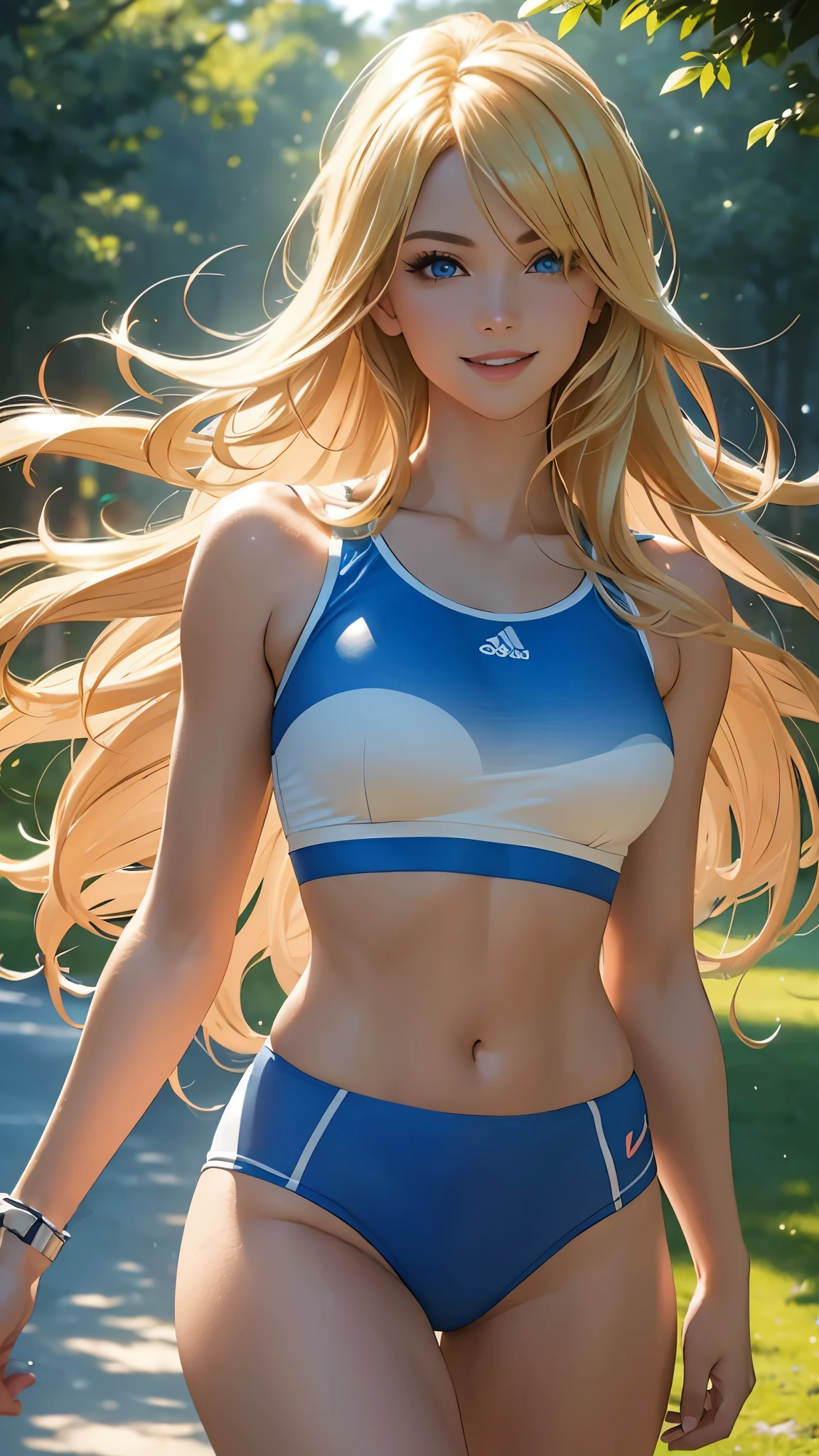 (best quality,ultra-detailed,photo-realistic:1.37),bright and vibrant colors,studio lighting,playful expression,stylish makeup,long blonde hair flowing in the wind,alluring eyes,glossy lips,sexy pose,Sports Bra, running in park, smiling in a confident and seductive way,posing for a professional photoshoot,shallow depth of field,highlighting the main subject,soft natural lighting,creating a dreamy and magical atmosphere.