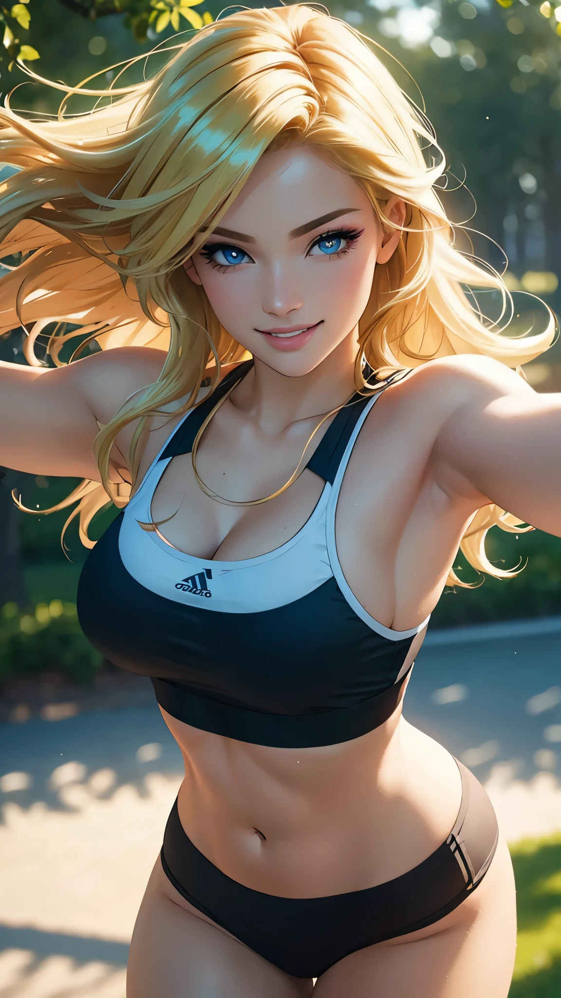 (best quality,ultra-detailed,photo-realistic:1.37),bright and vibrant colors,studio lighting,playful expression,stylish makeup,long blonde hair flowing in the wind,alluring eyes,glossy lips,sexy pose,Sports Bra, running in park, smiling in a confident and seductive way,posing for a professional photoshoot,shallow depth of field,highlighting the main subject,soft natural lighting,creating a dreamy and magical atmosphere.